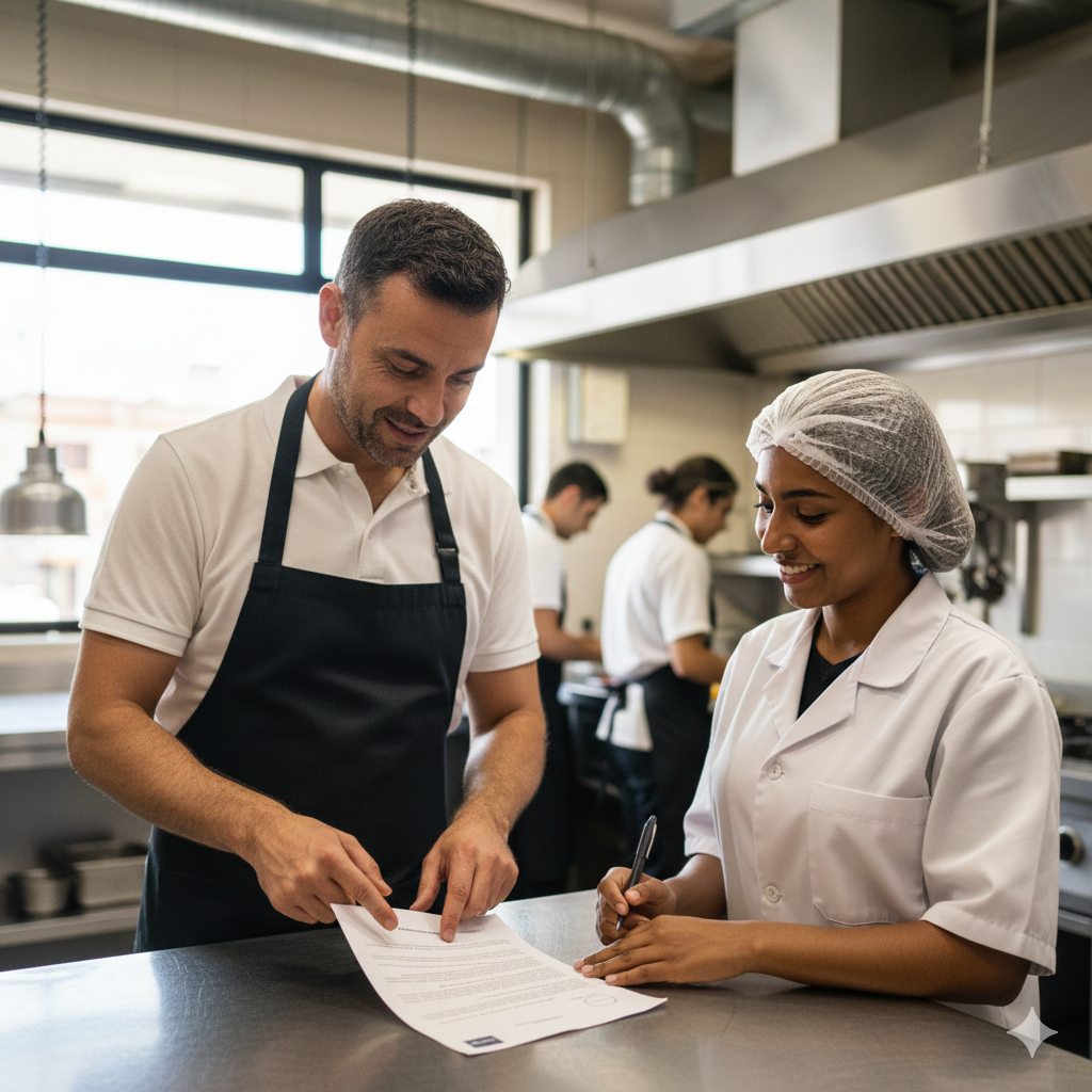 Empleador y trabajador firmando un contrato de trabajo en un entorno laboral real (restaurante o taller) para solicitar el arraigo.