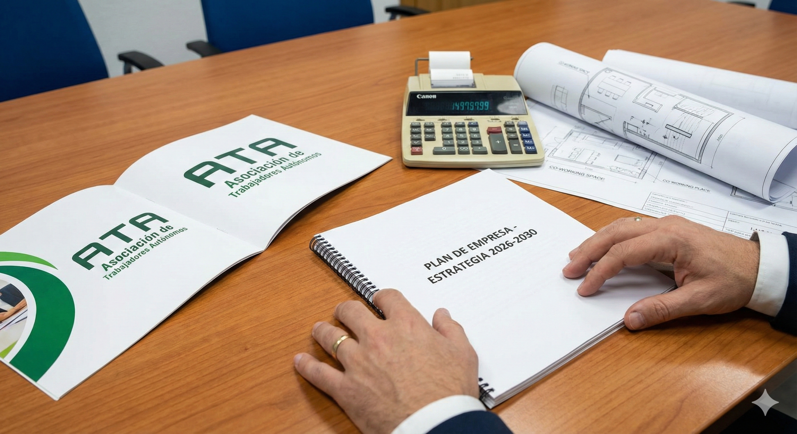 Emprendedor revisando su plan de empresa y el informe de valoración de una asociación de autónomos para modificar su residencia a cuenta propia.