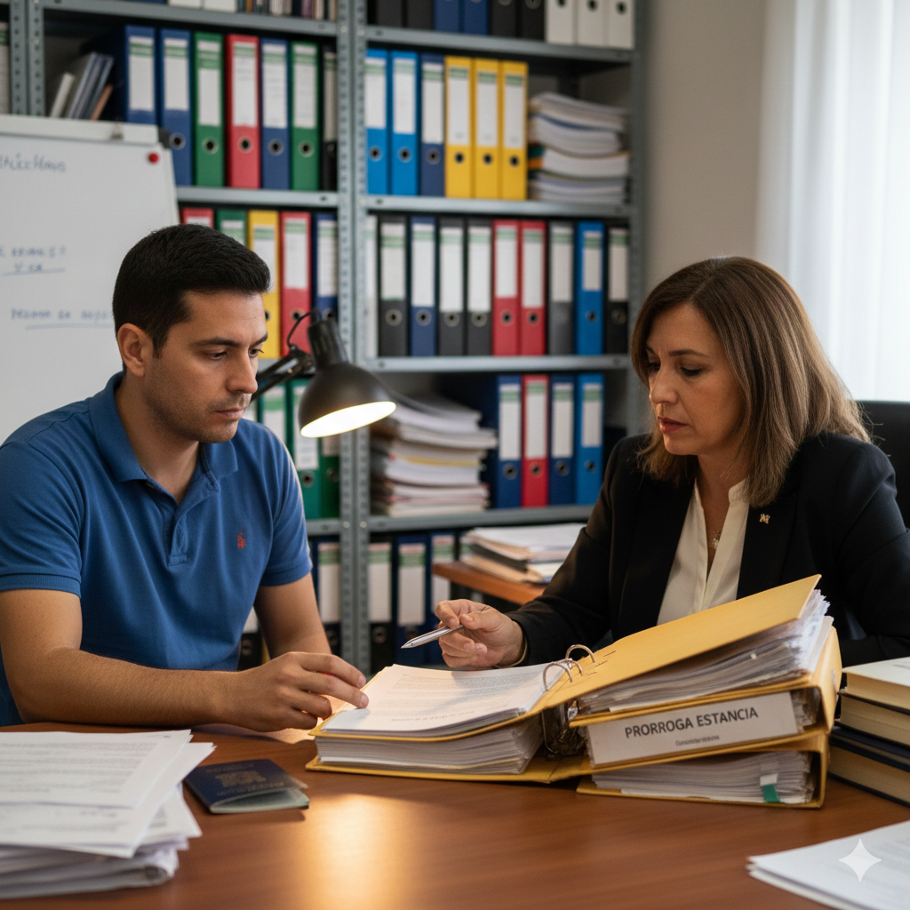 Cliente consultando con un gestor o abogado en una oficina, revisando un expediente con documentos de residencia anteriores.