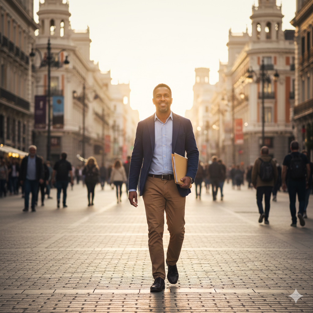 Persona caminando con seguridad por una calle española con documentación oficial bajo el brazo, simbolizando su regularización y protección.