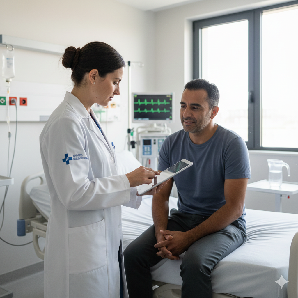 Médico de la sanidad pública española entregando un informe clínico a un paciente extranjero en una habitación de hospital, garantizando su tratamiento.