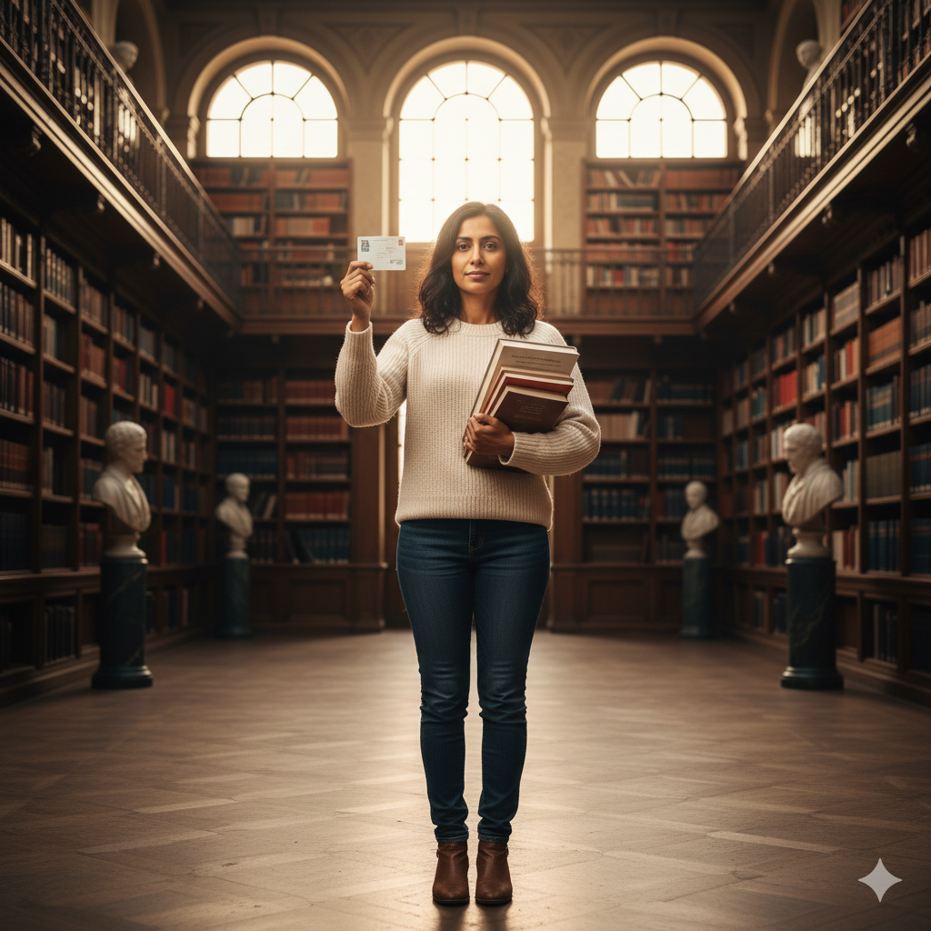 Mujer joven sosteniendo su tarjeta de residencia en un entorno educativo o laboral, simbolizando la recuperación de su proyecto de vida en España.
