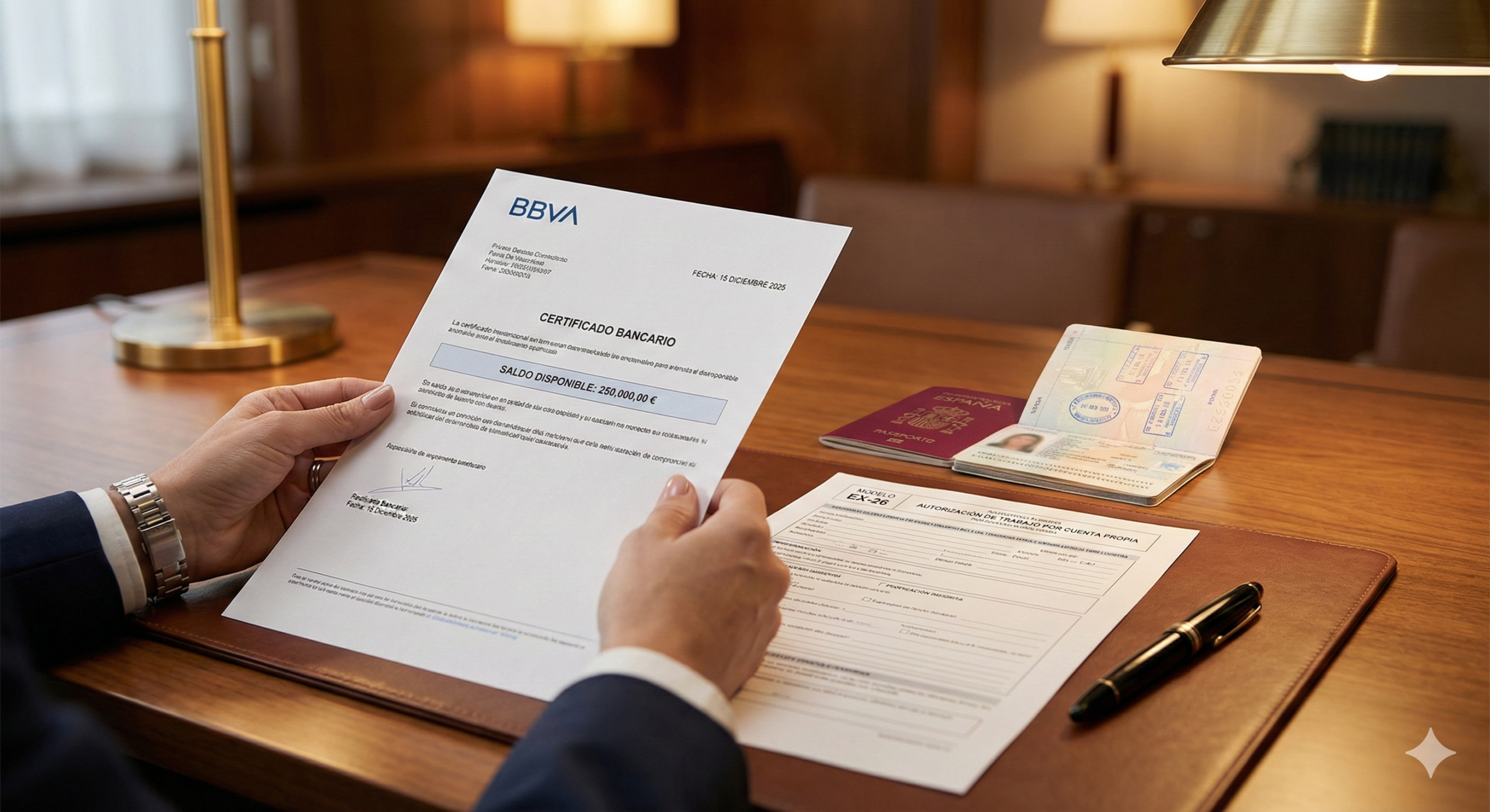 Detalle de documentación bancaria y formulario de solicitud sobre un escritorio, acreditando la solvencia económica necesaria para la residencia no lucrativa.