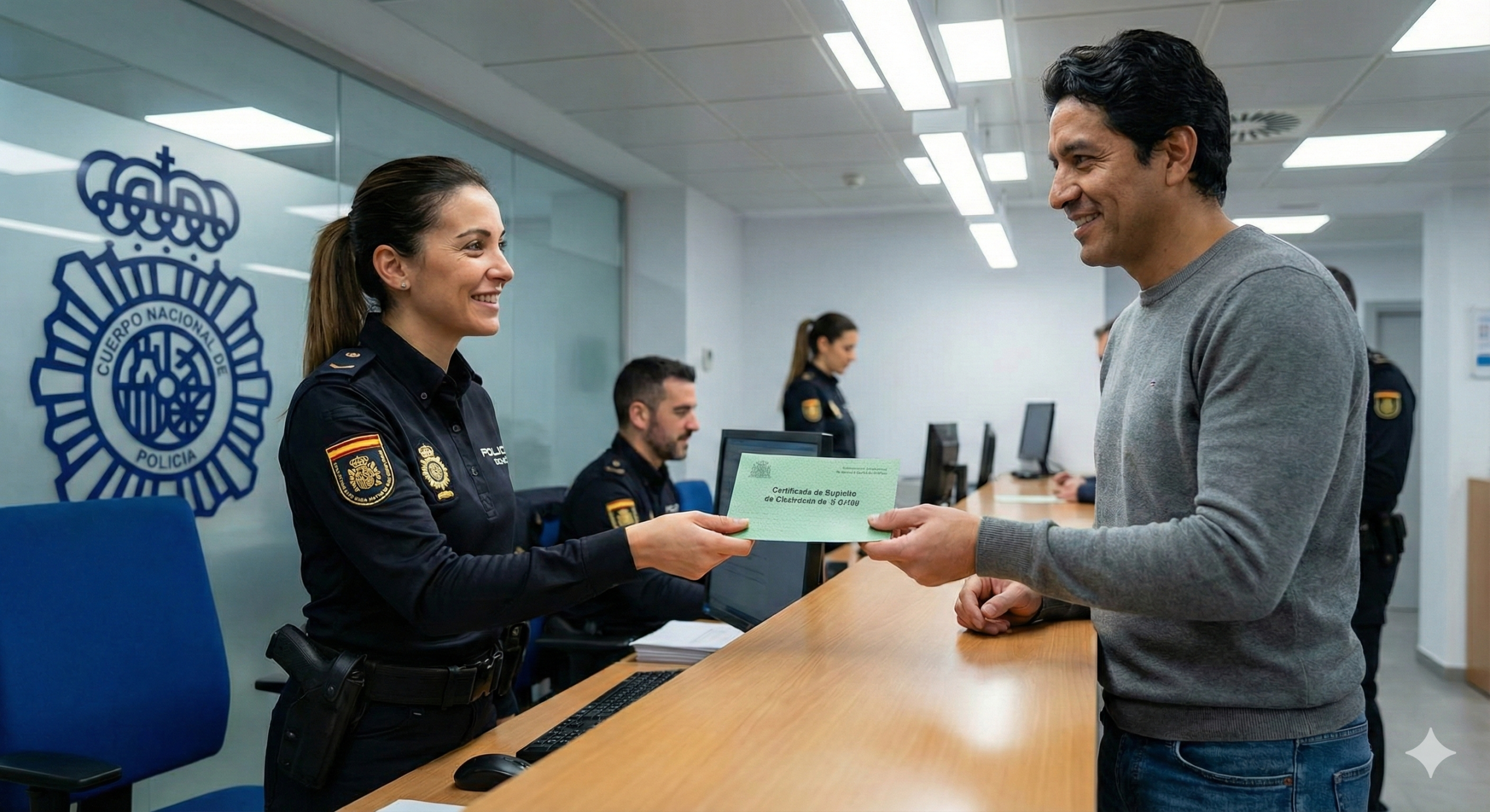 Primer plano de un pasaporte europeo junto al Certificado de Registro de Ciudadano de la Unión (documento verde de papel) sobre un escritorio.