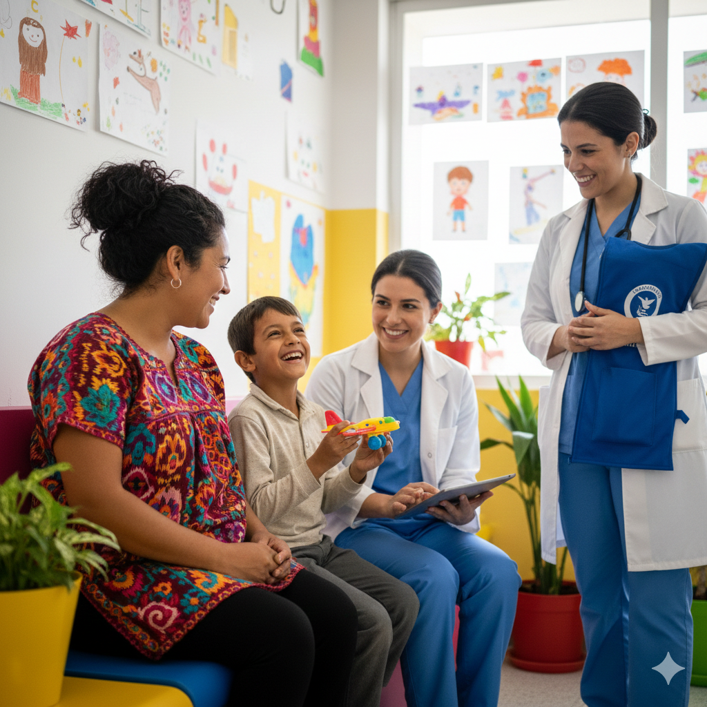 Doctor especialista atendiendo a un menor extranjero acompañado de su progenitor y un trabajador social en un hospital español.