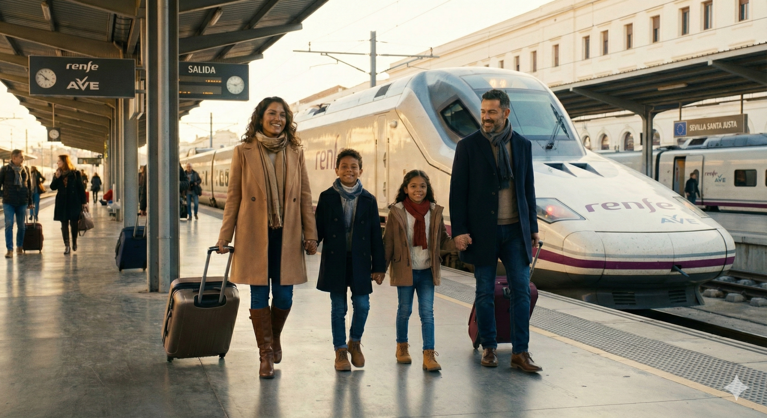 Familia residente en la Unión Europea llegando a una estación en España con equipaje, iniciando su proceso de residencia bajo el régimen de Larga Duración-UE.
