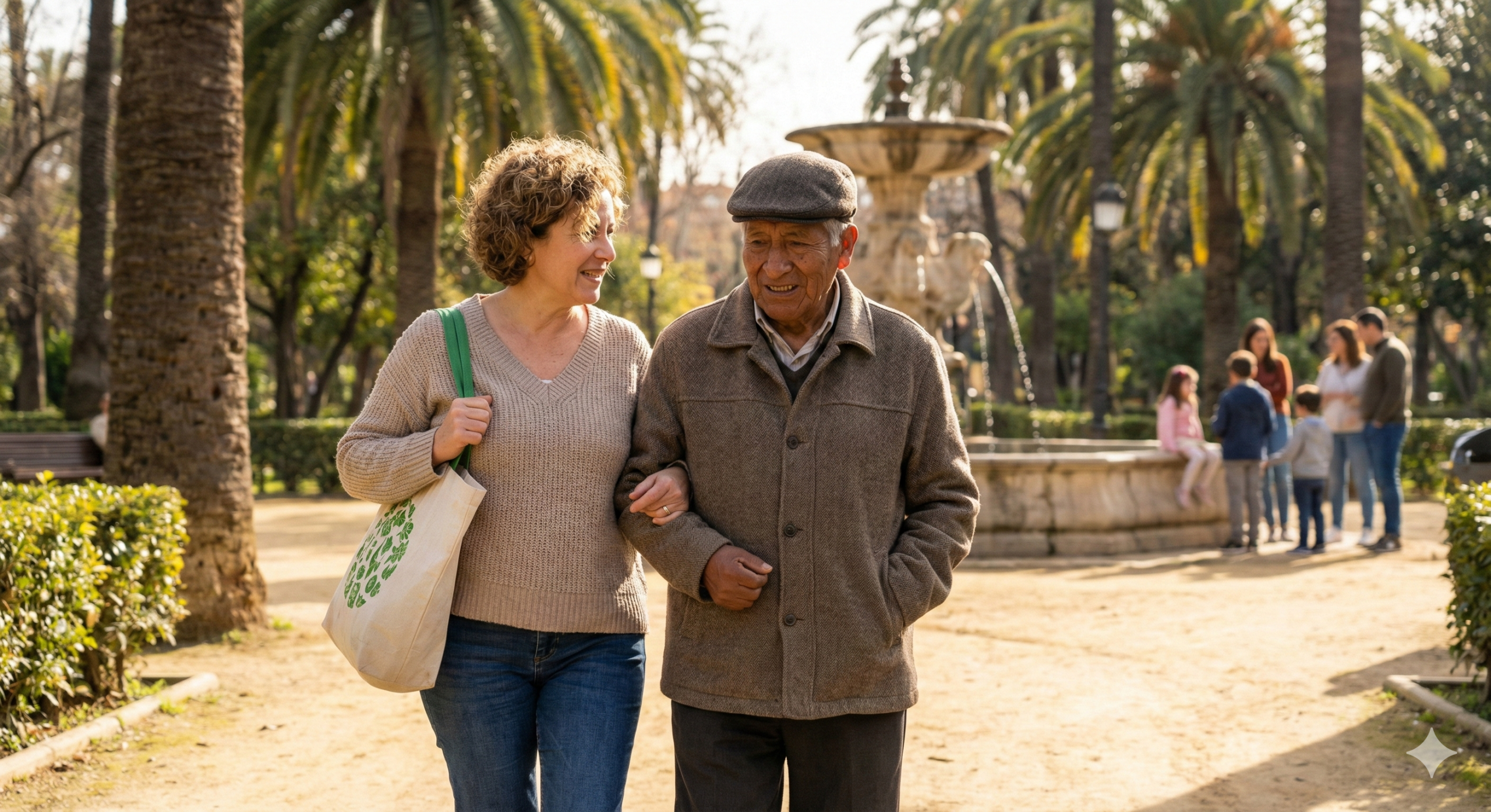 Ciudadano español paseando del brazo con su padre/madre anciano de origen extranjero en un parque, mostrando el cuidado y la dependencia familiar.