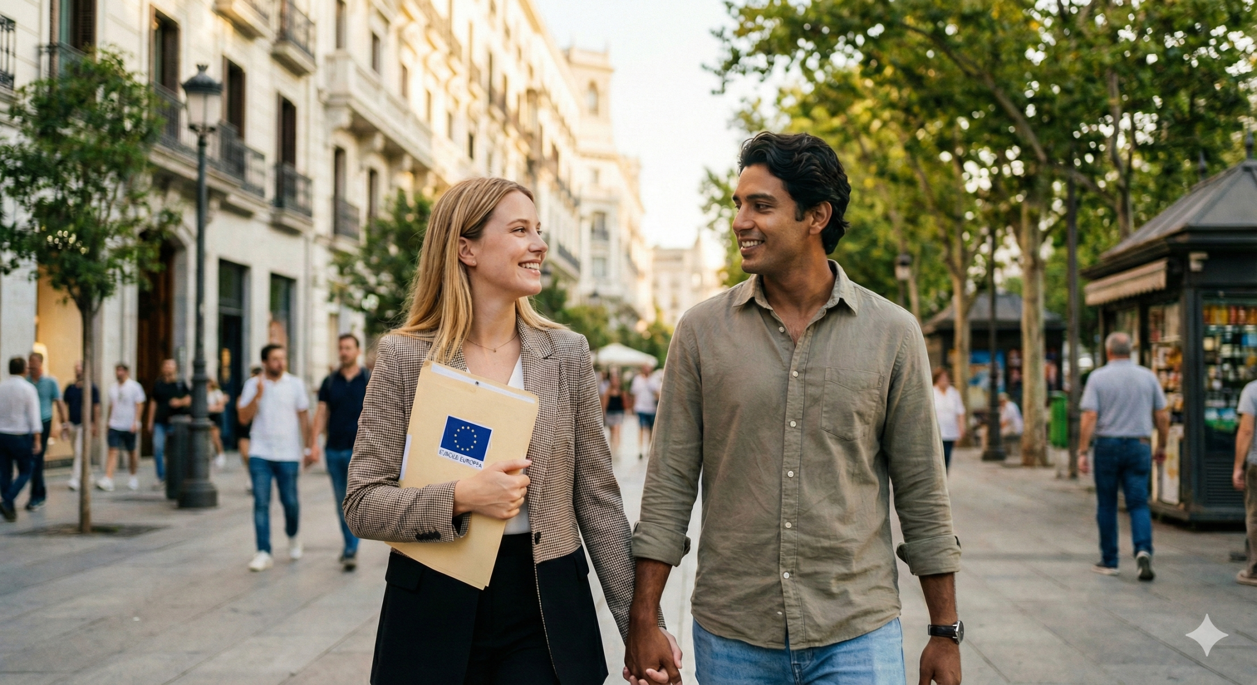 Pareja joven diversa caminando por una ciudad española, representando la movilidad internacional y la instalación en España de familiares de ciudadanos de la UE.