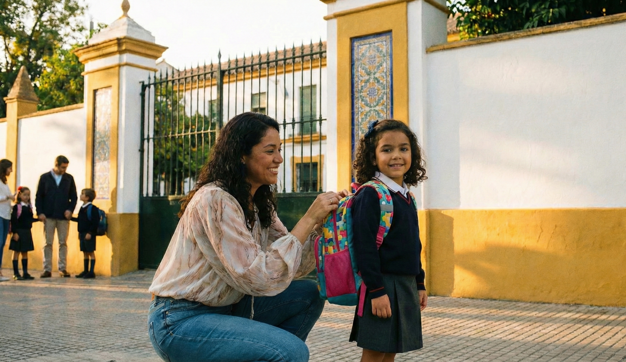 Madre llevando a su hijo al colegio en Sevilla tras obtener visado de familiar de estudiante