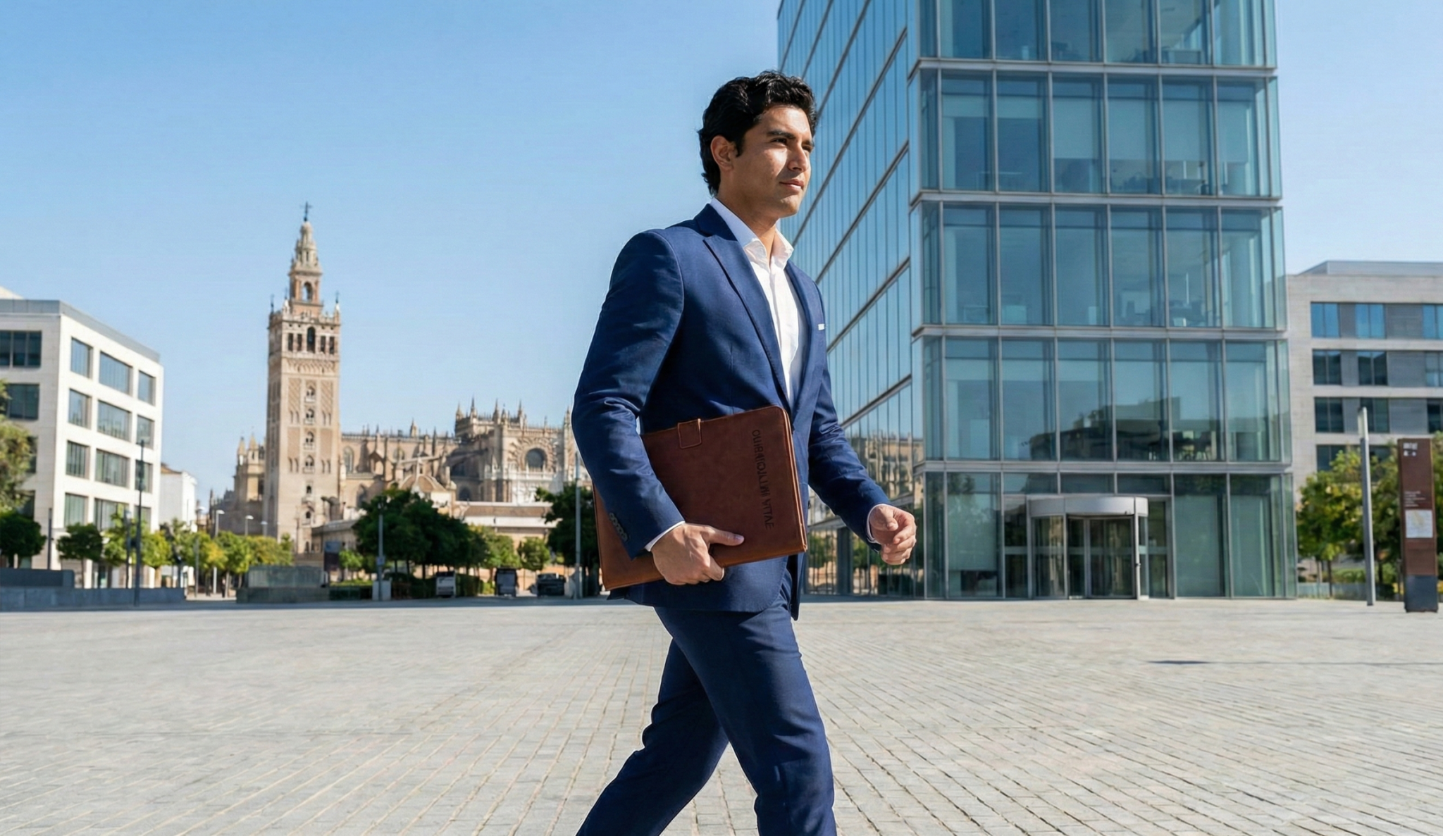 Joven profesional con CV buscando empleo en zona de negocios de Sevilla Cartuja