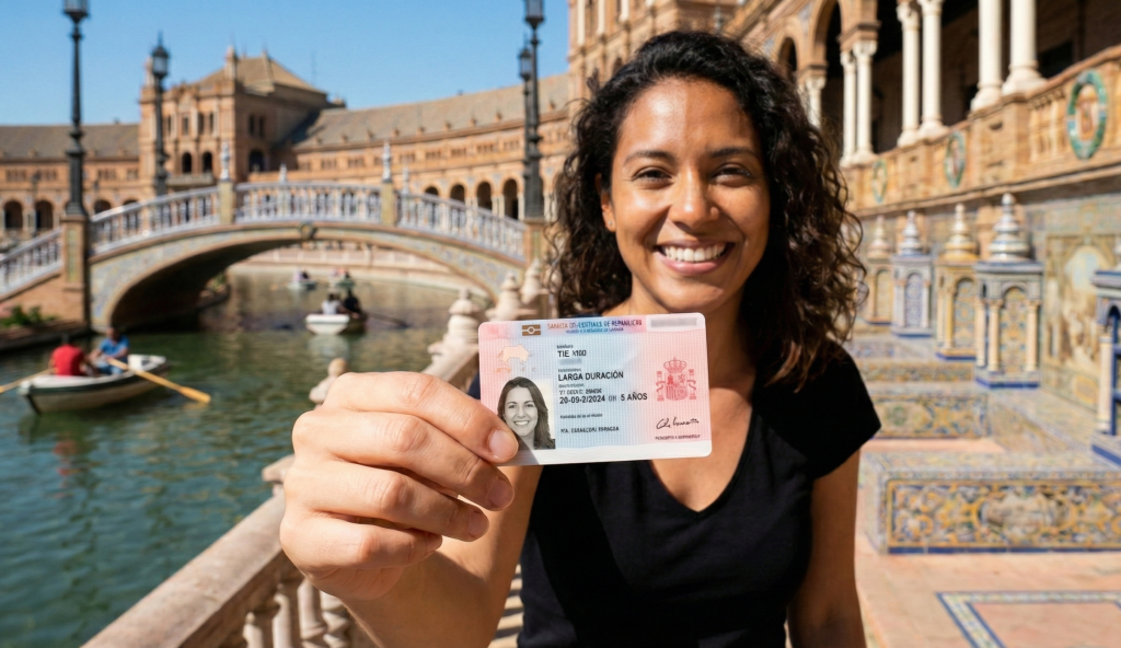 Residente extranjero mostrando tarjeta comunitaria de 5 años en Plaza de España