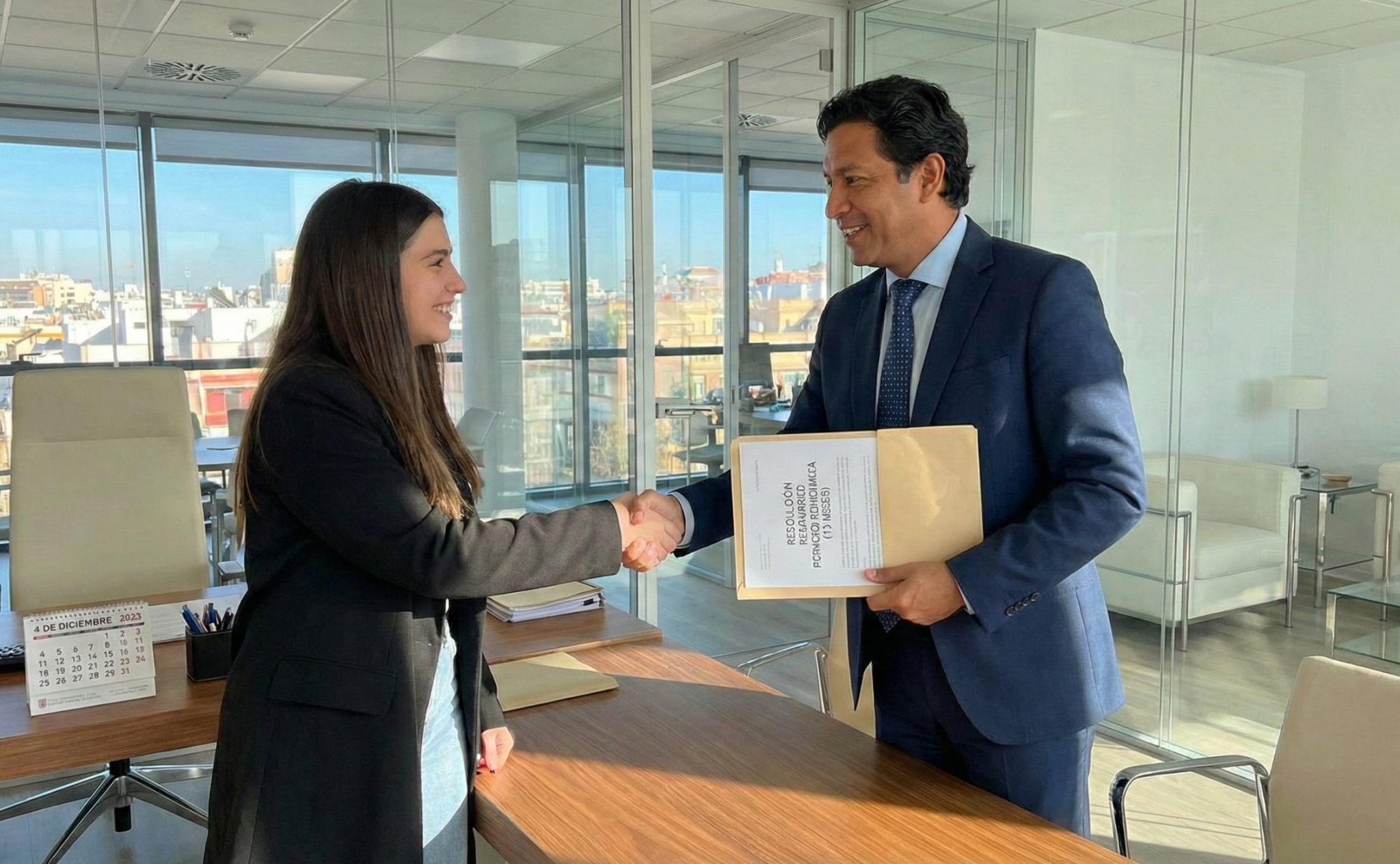 Abogado entregando resolución favorable de residencia para búsqueda de empleo en Sevilla