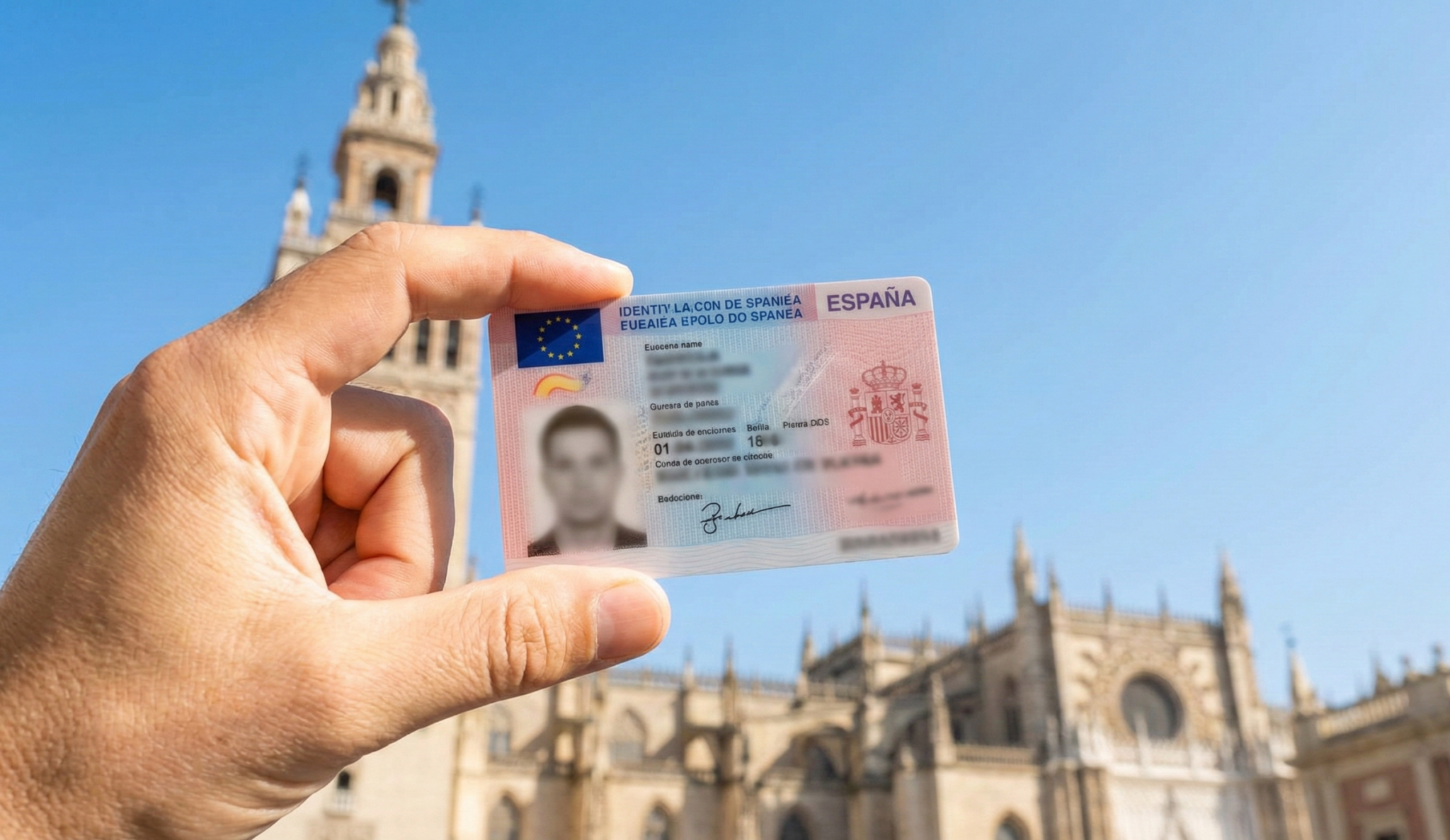 Tarjeta de Identidad de Extranjero TIE de estudiante en Sevilla con la Giralda de fondo