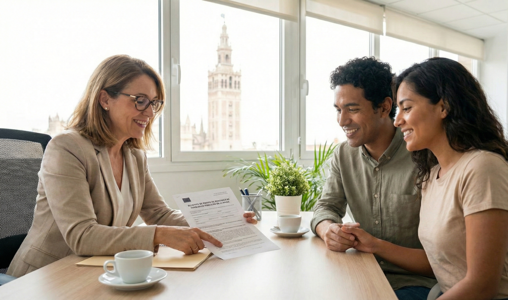 Abogado tramitando solicitud de tarjeta comunitaria en oficina de extranjería Sevilla