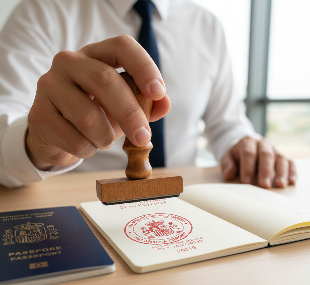 Estampado de visados de trabajo temporal en pasaportes de temporeros