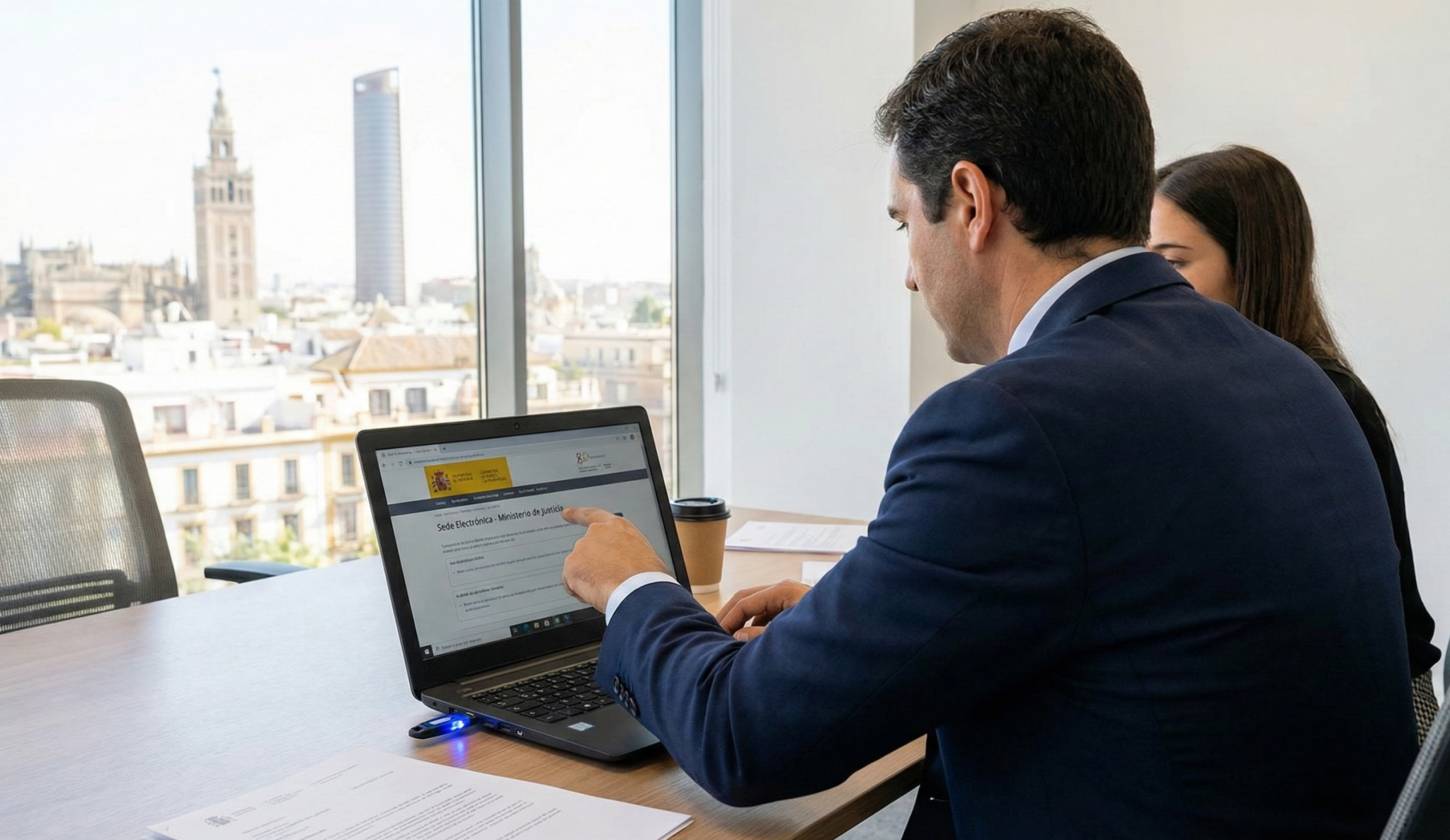 Abogado presentando telemáticamente solicitud de visado de estudiante España desde despacho en Sevilla