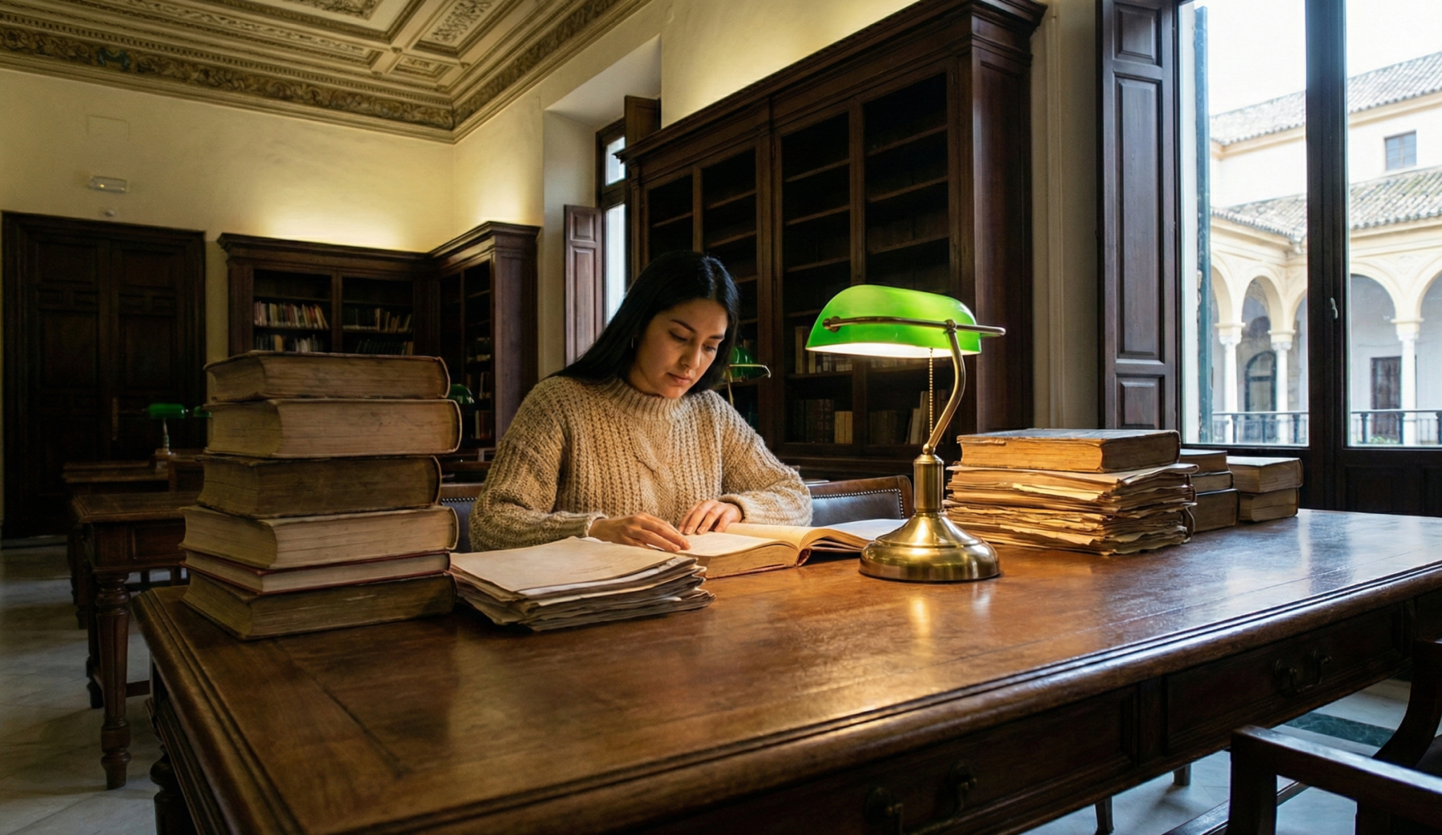 Estudiante de larga duración estudiando en biblioteca de Sevilla