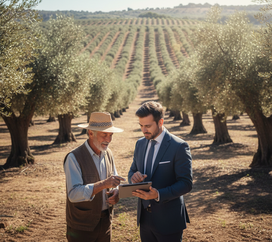 Empresario agrícola planificando contratación en origen en olivar de Sevill