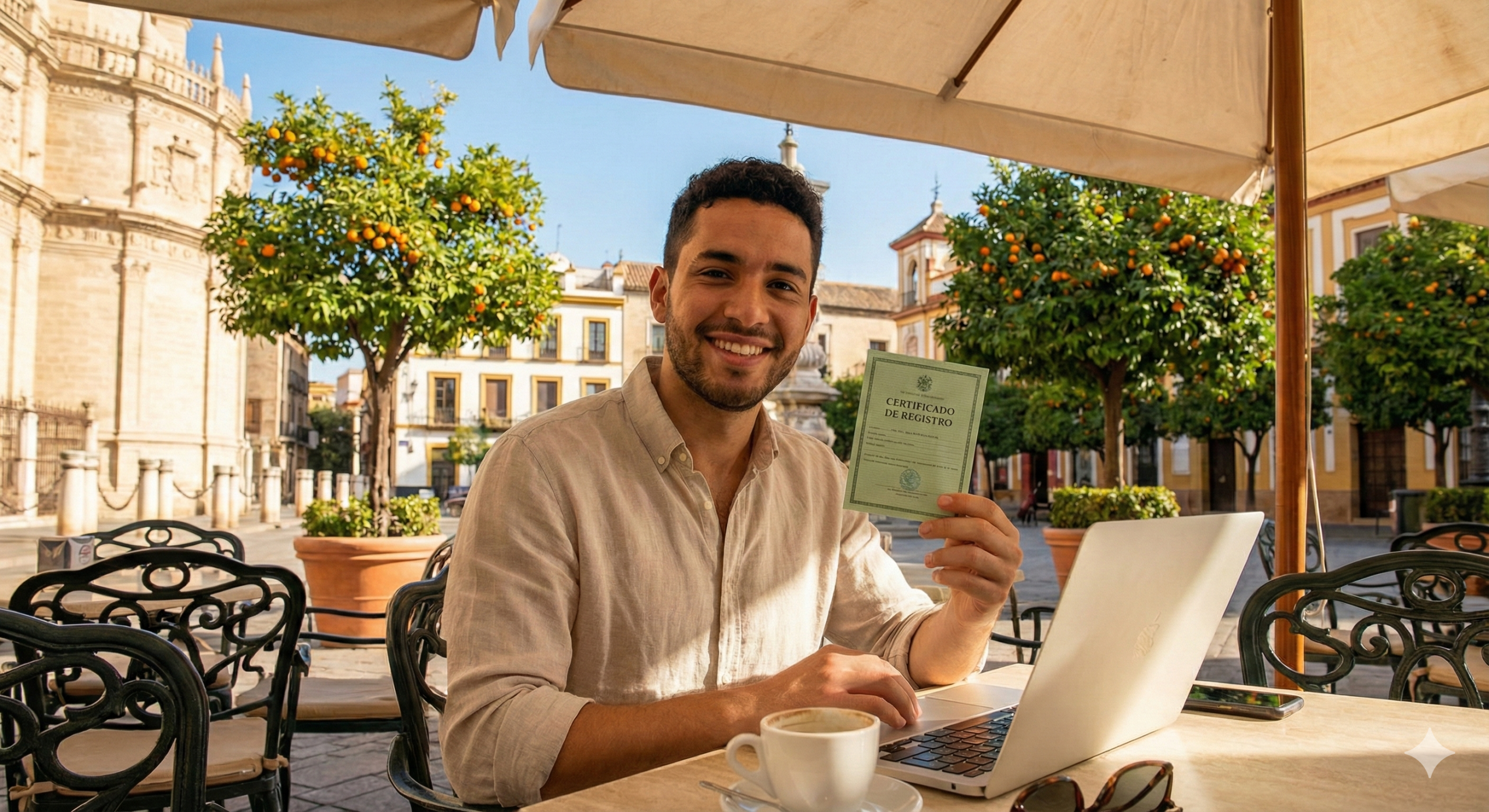 Ciudadano europeo con su Certificado de Registro de la Unión (NIE Verde) en una terraza de Sevilla