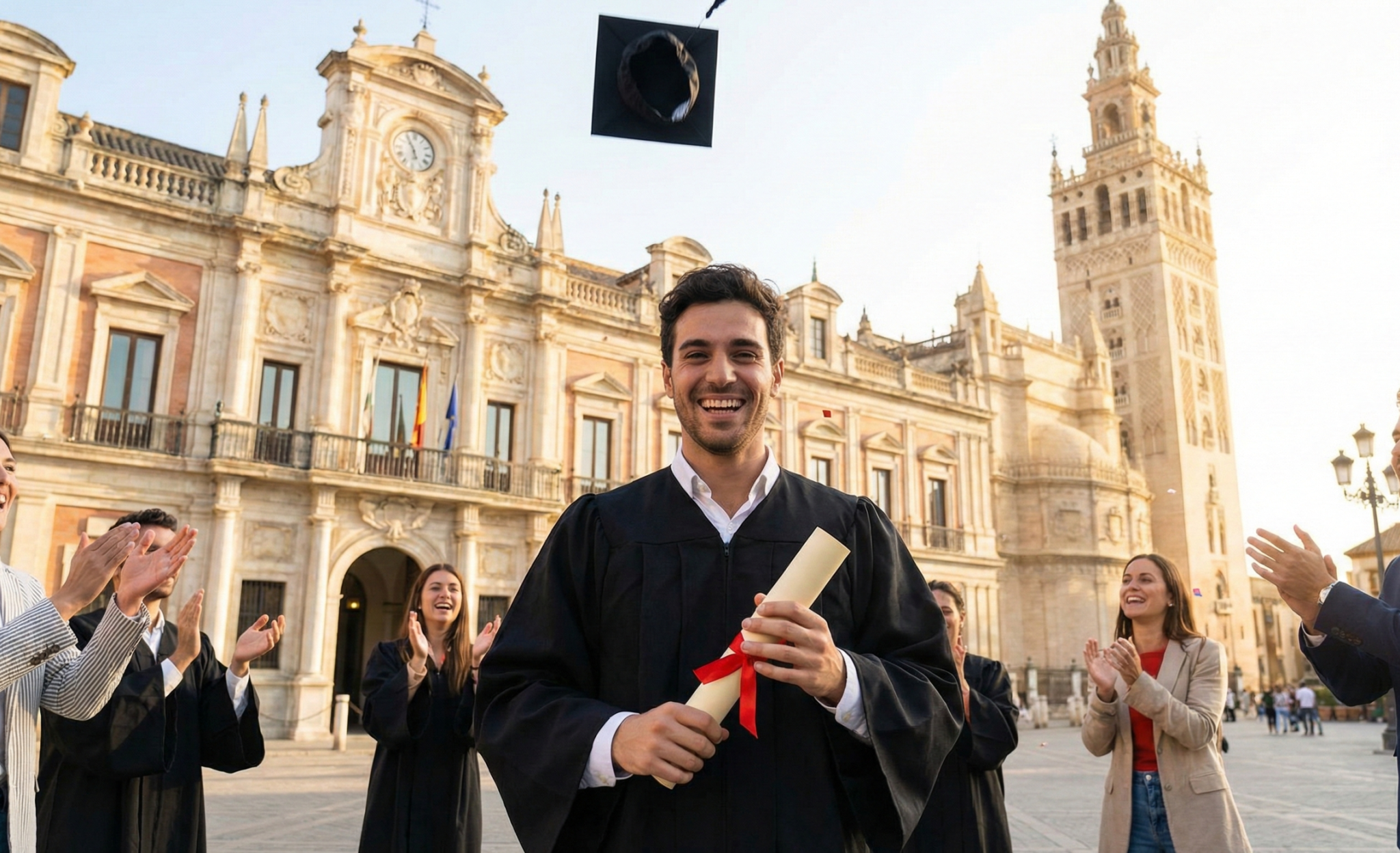 Estudiante graduado en Sevilla celebrando fin de estudios para solicitar residencia