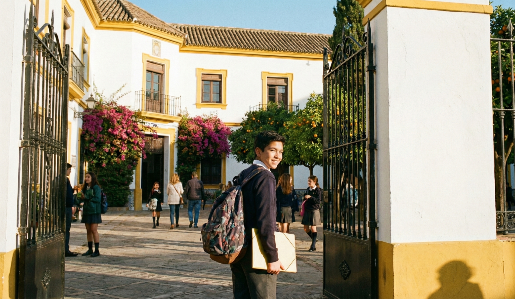 Alumno extranjero entrando en colegio de Sevilla con visado de escolarización