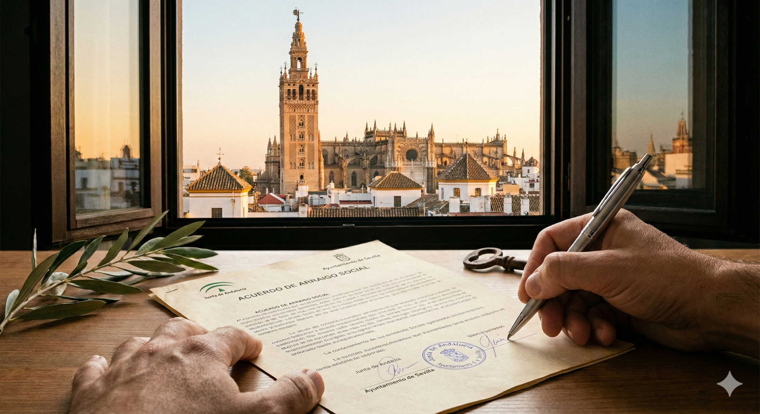 Manos firmando un documento de "Acuerdo de Arraigo Social" en un escritorio de madera con una ramita de olivo, con vistas a la Giralda de Sevilla al atardecer