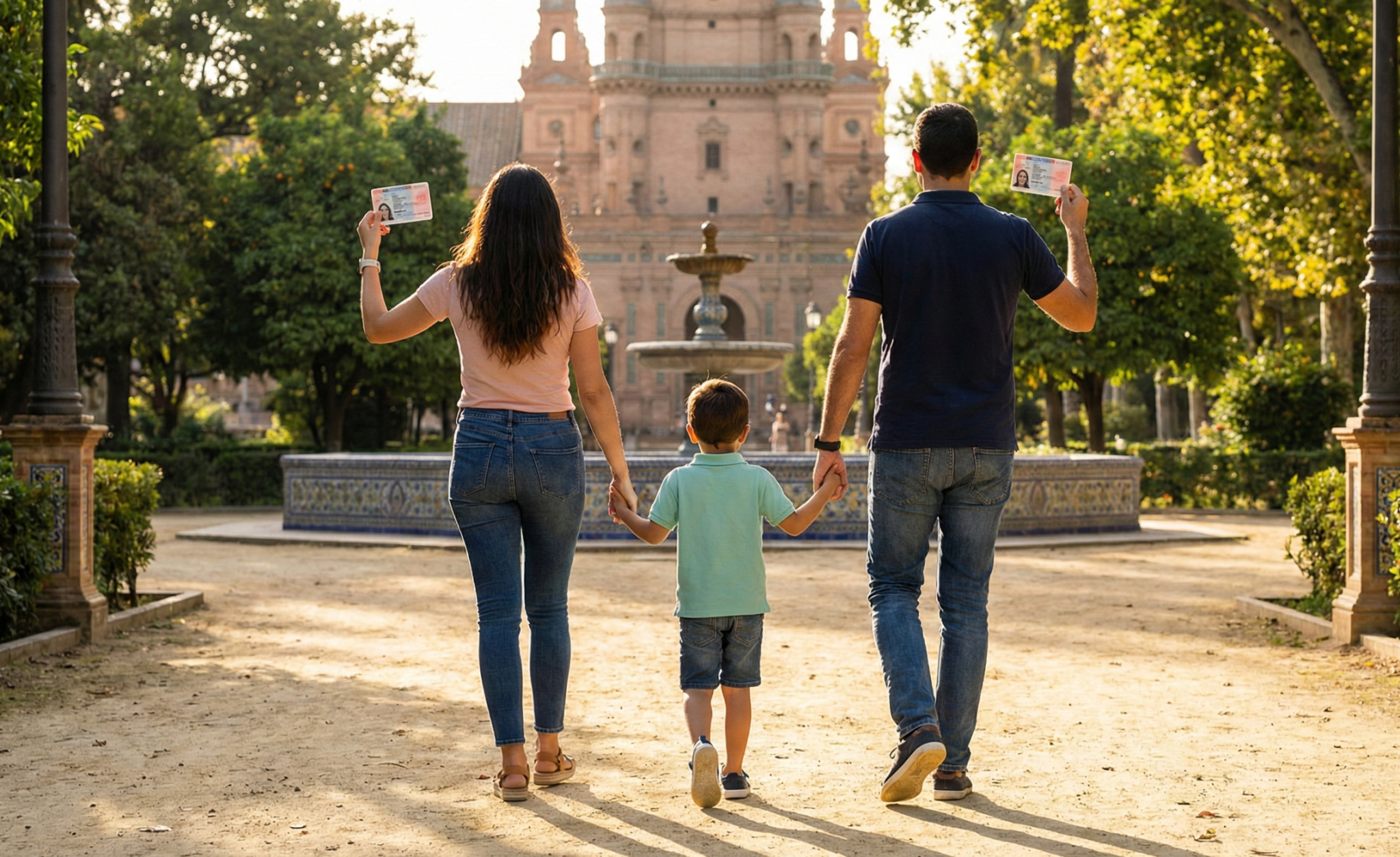 Familia de estudiantes extranjeros paseando por Parque María Luisa Sevilla con sus tarjetas TIE