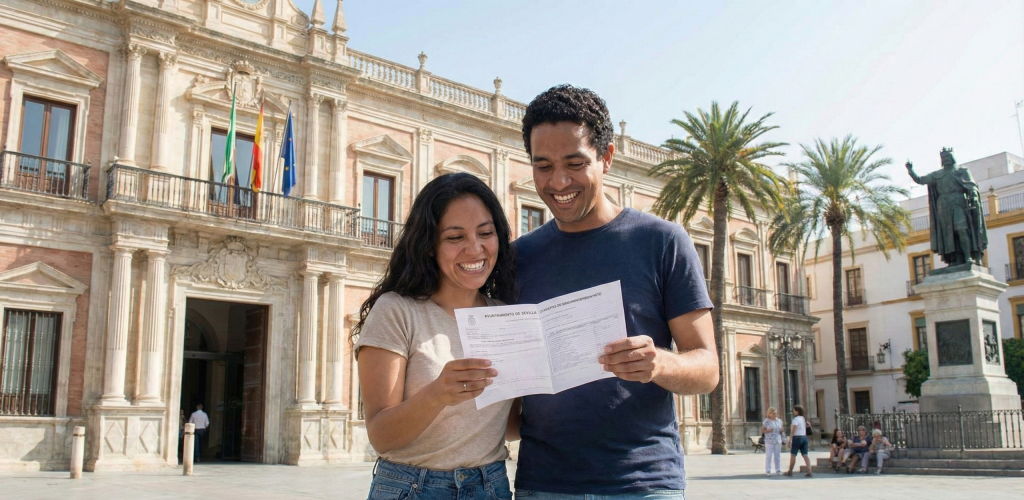 Pareja saliendo del Ayuntamiento de Sevilla con certificado de empadronamiento conjunto