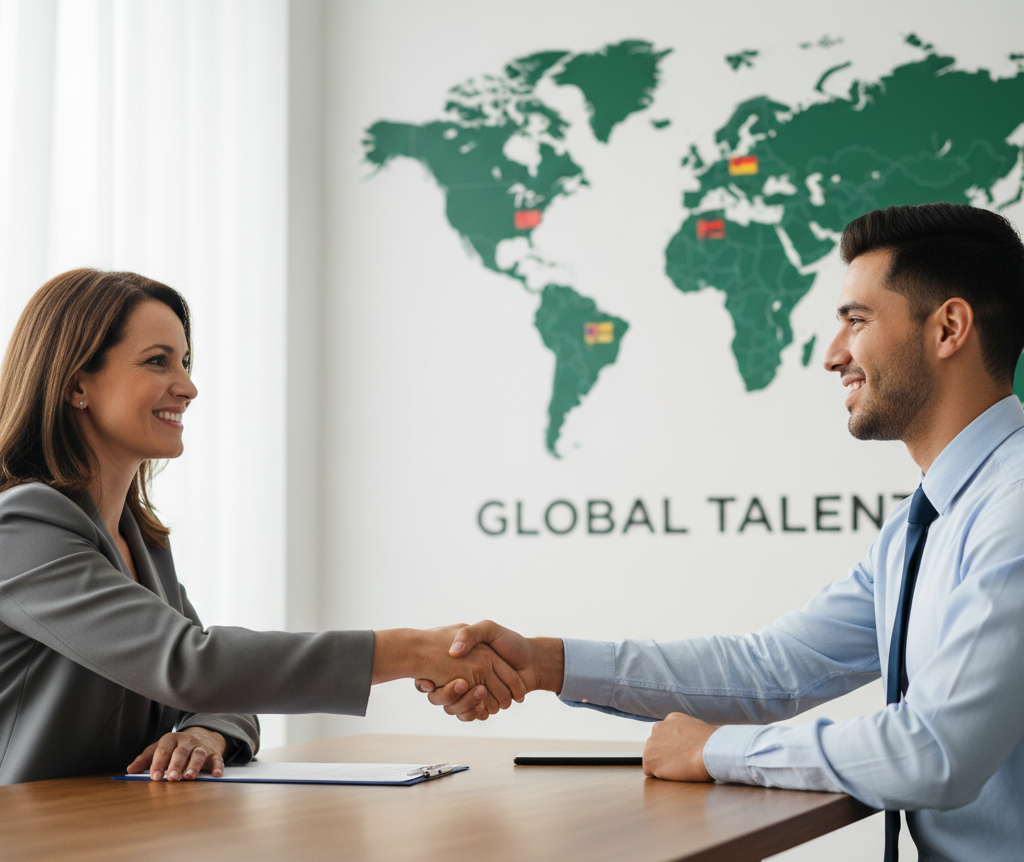 Close-up of a stack of files or passports on a wooden desk, symbolizing a collective application, with a laptop showing a list of names, conveying organized group management.