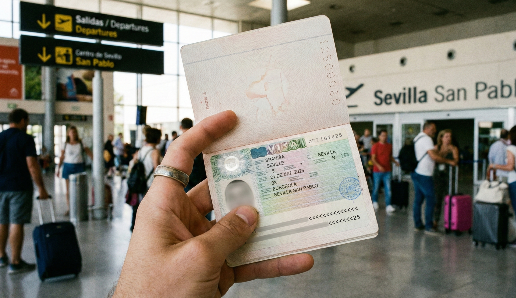 Pasaporte con visado de trabajo y residencia en aeropuerto de Sevilla