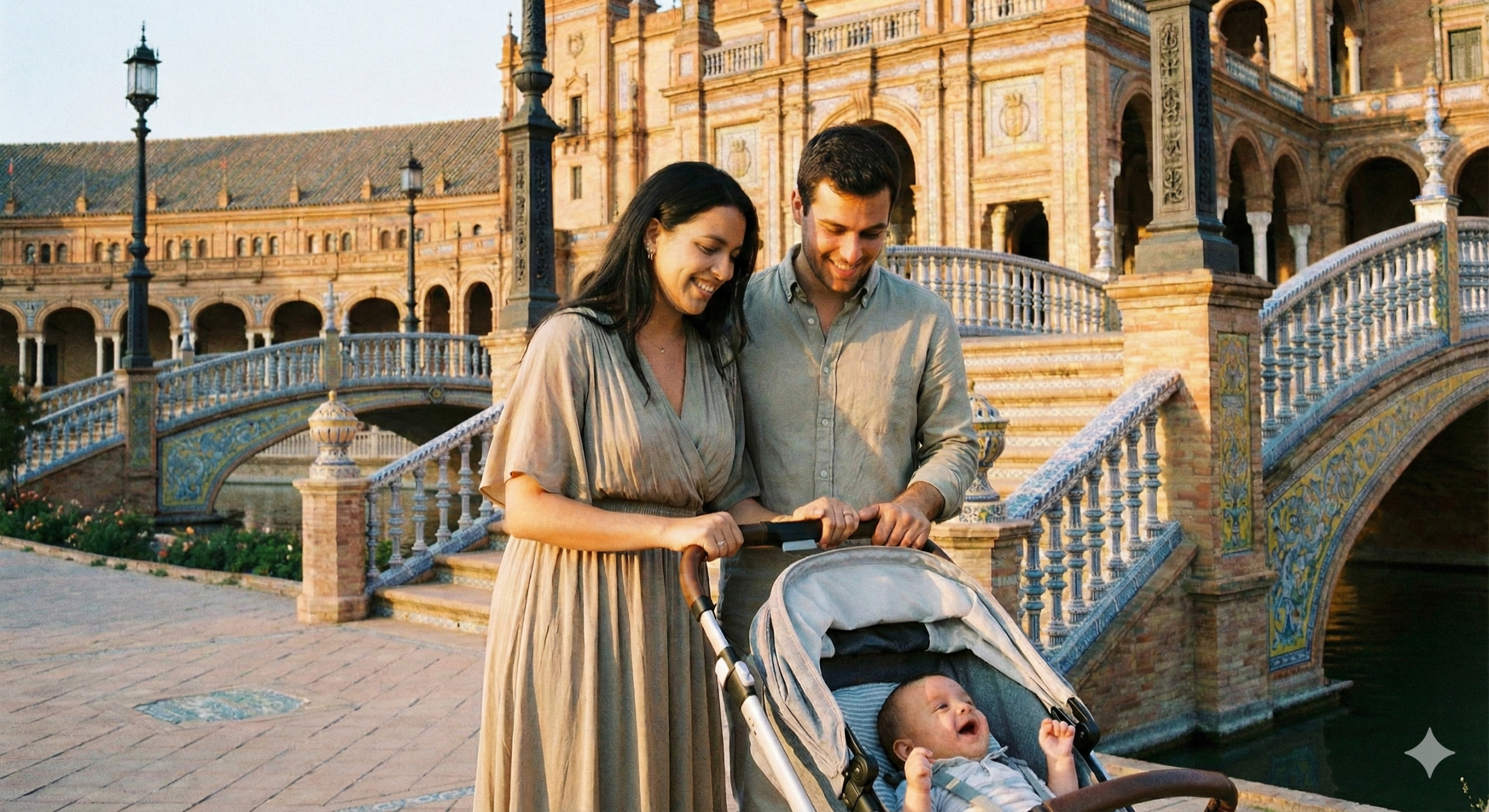 Padres extranjeros con su bebé nacido en España en la Plaza de España Sevilla