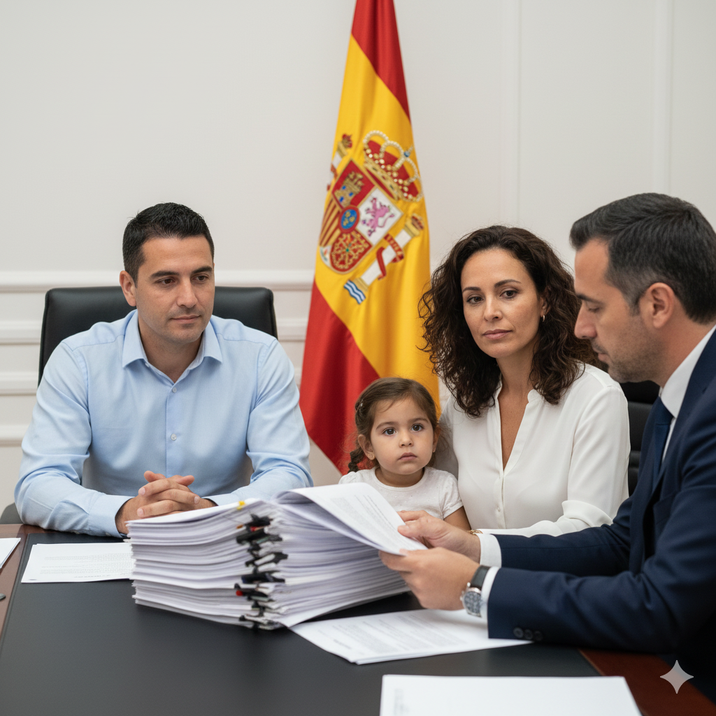 Familia extranjera sentada frente a un funcionario en una oficina consular española, presentando su solicitud de residencia no lucrativa antes de viajar.