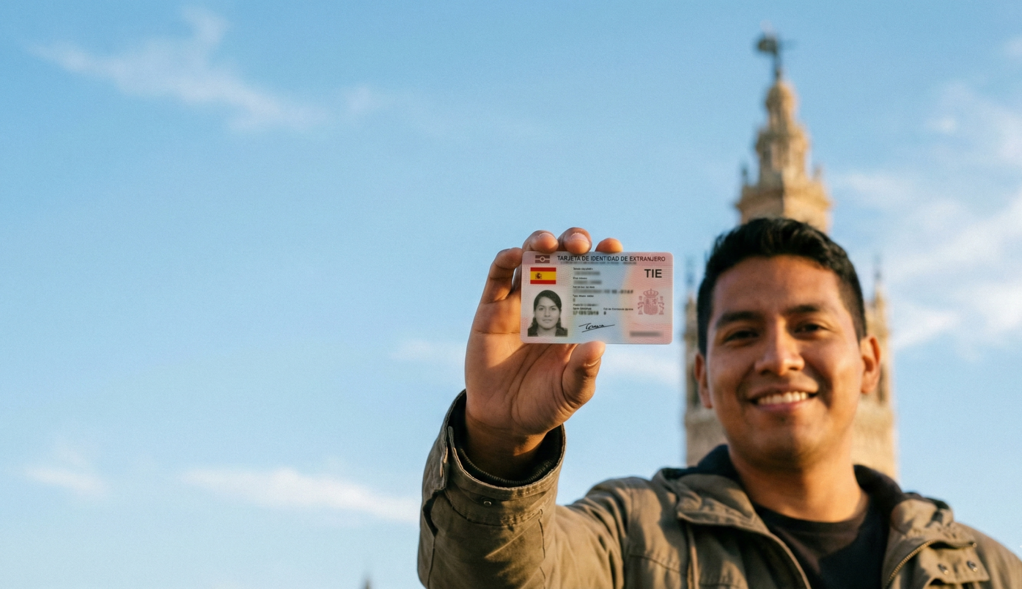 Inmigrante con su primera tarjeta TIE obtenida por arraigo social en Sevilla