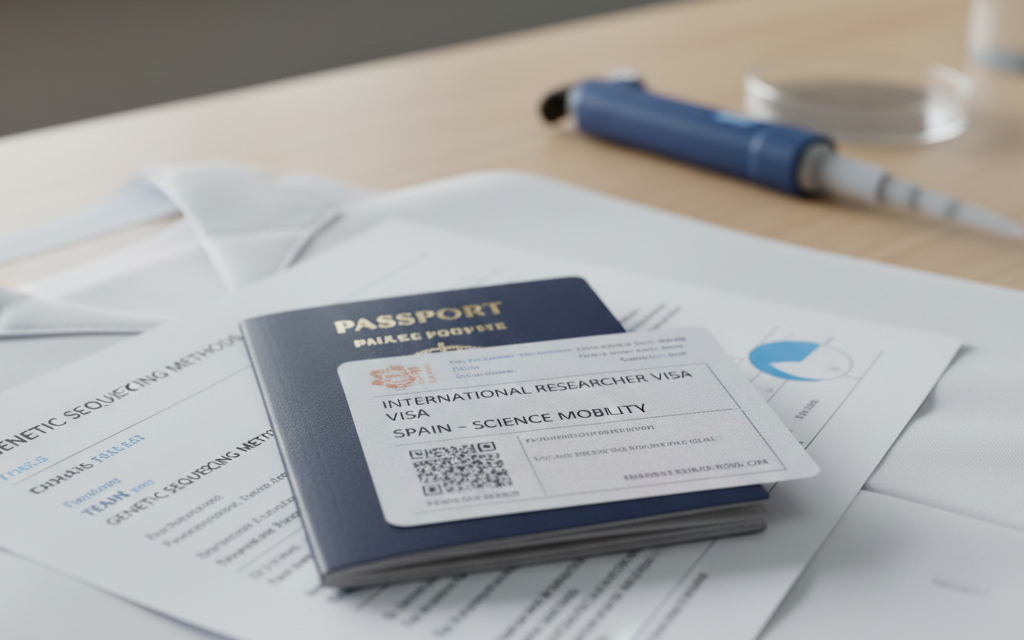 Pasaporte y bata de laboratorio representando visado de investigación