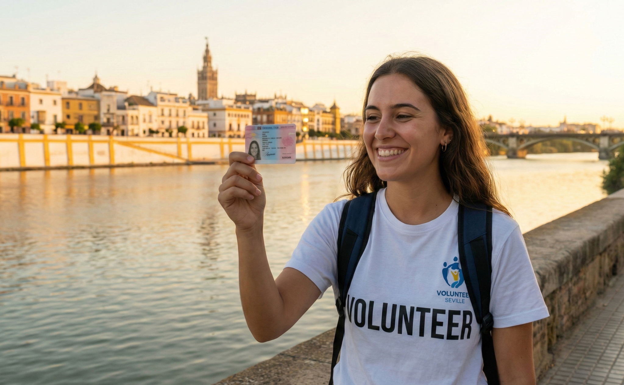 Voluntario extranjero con tarjeta TIE en Sevilla junto al río Guadalquivir