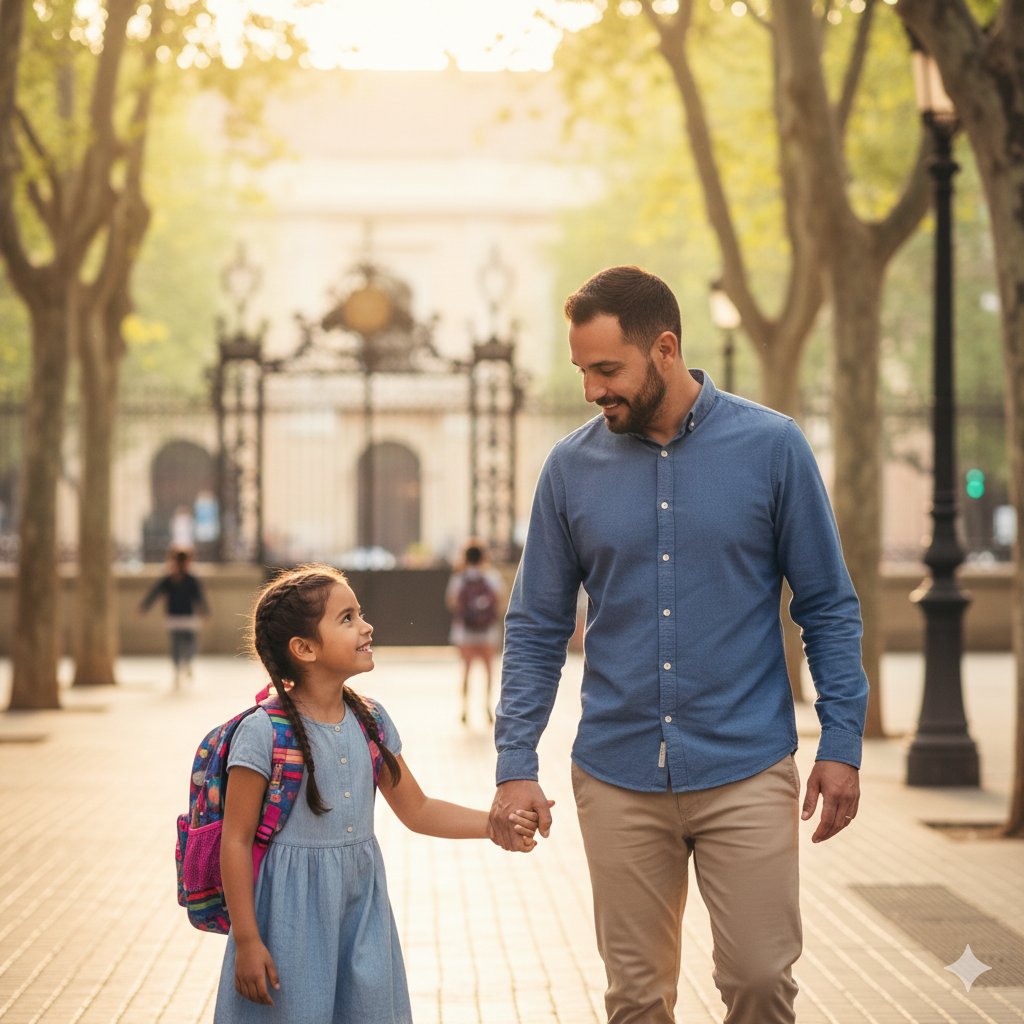 Padre de origen extranjero caminando de la mano con su hija pequeña hacia el colegio en una calle de España, mostrando el vínculo familiar.