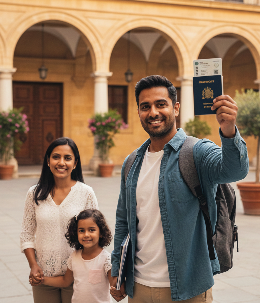 Estudiante extranjero con su familia y autorización de estancia por estudios superiores en universidad española