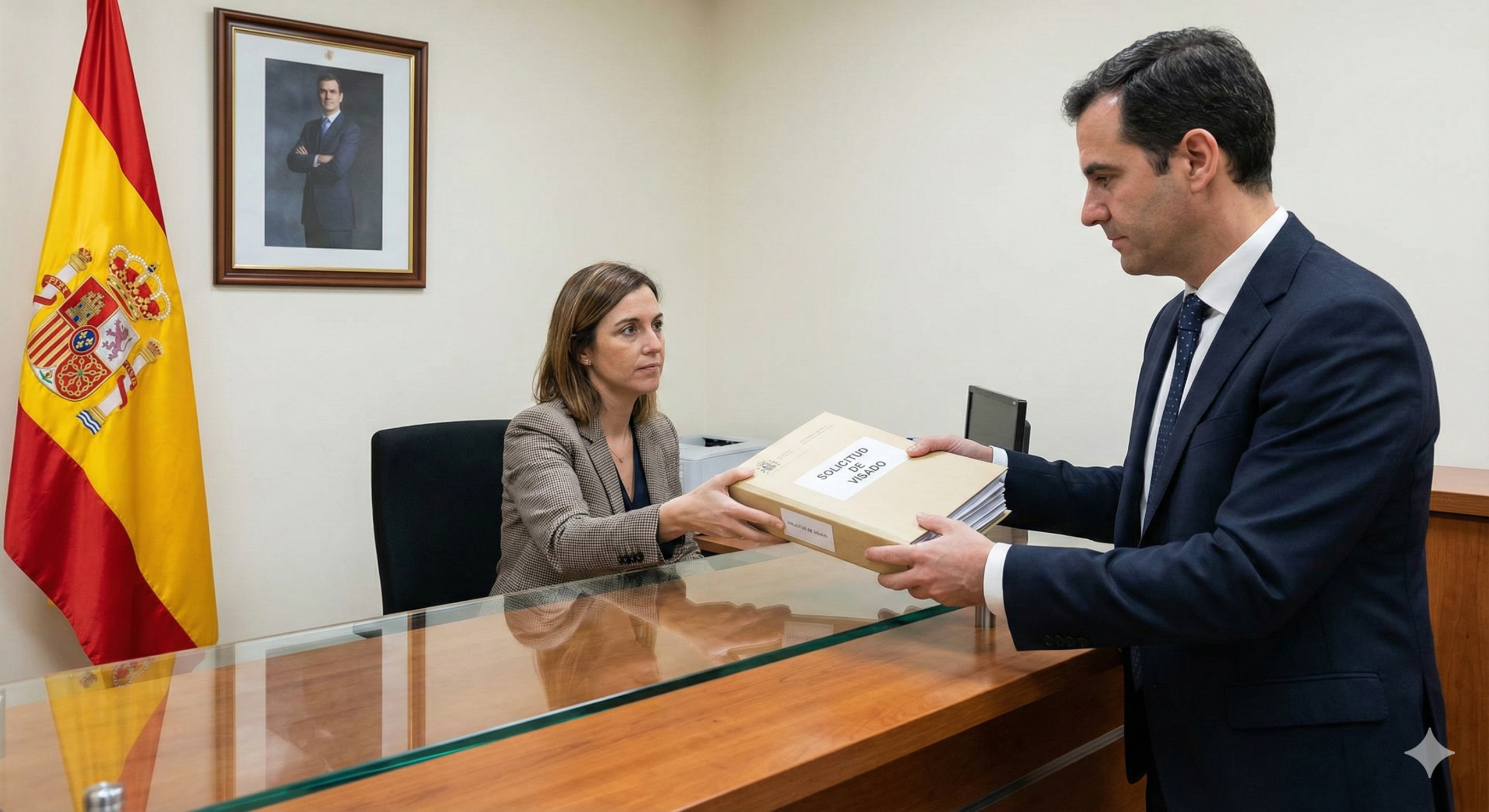 Solicitante entregando su expediente de residencia por cuenta propia a un funcionario en una oficina consular española, con la bandera de España al fondo.