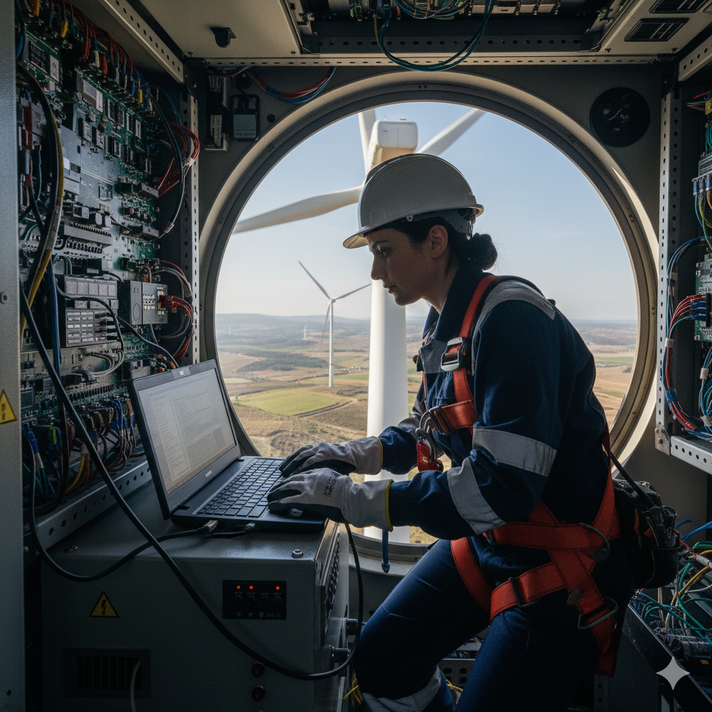 Ingeniero especialista extranjero realizando tareas de mantenimiento técnico en una instalación de energía renovable en España, conectado a un panel de control.
