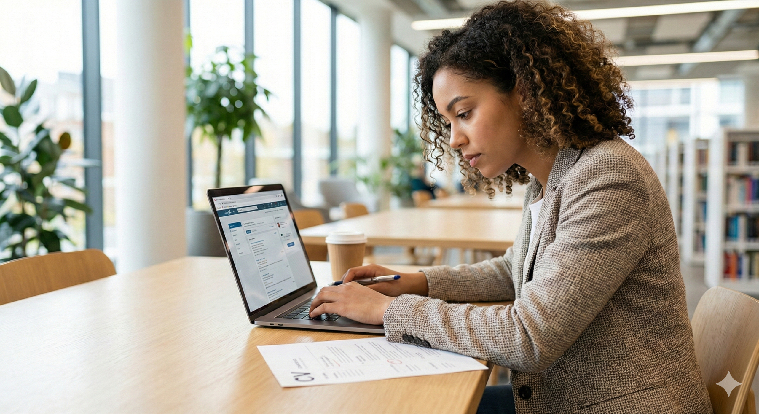 Recién graduado universitario sentado frente a un ordenador portátil buscando ofertas de trabajo, con su título académico y currículum vitae sobre la mesa.