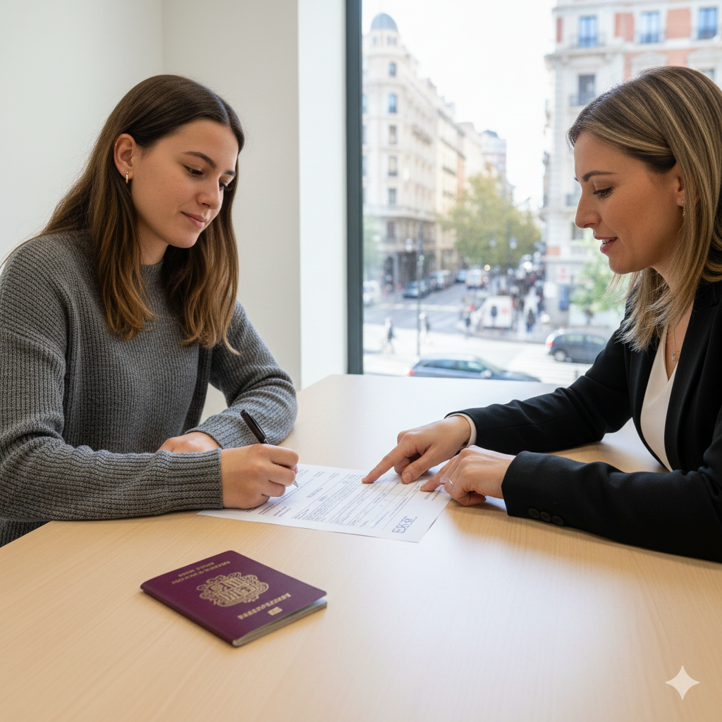 Estudiante andorrano presentando su solicitud EX-00 y su pasaporte en una oficina de extranjería española, en un ambiente administrativo tranquilo.