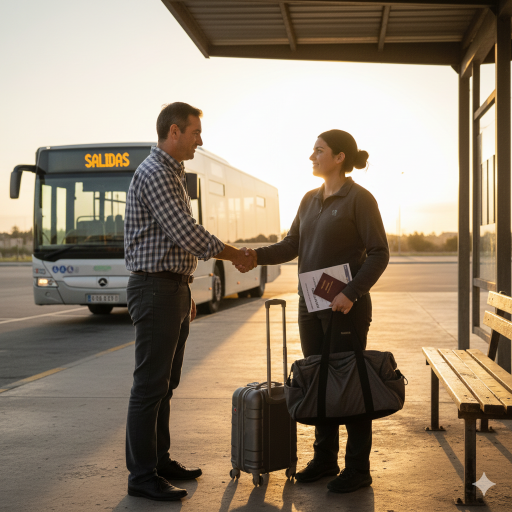 Trabajador temporero con equipaje despidiéndose de su empleador al finalizar la campaña, sosteniendo su pasaporte y compromiso de regreso.