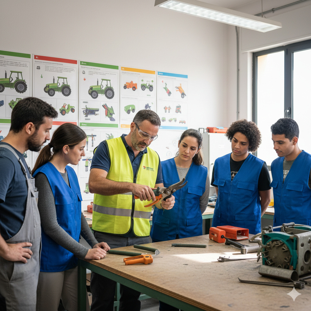 Instructor español impartiendo formación técnica a un grupo de trabajadores extranjeros en un taller, mostrando el uso de herramientas y normas de seguridad.