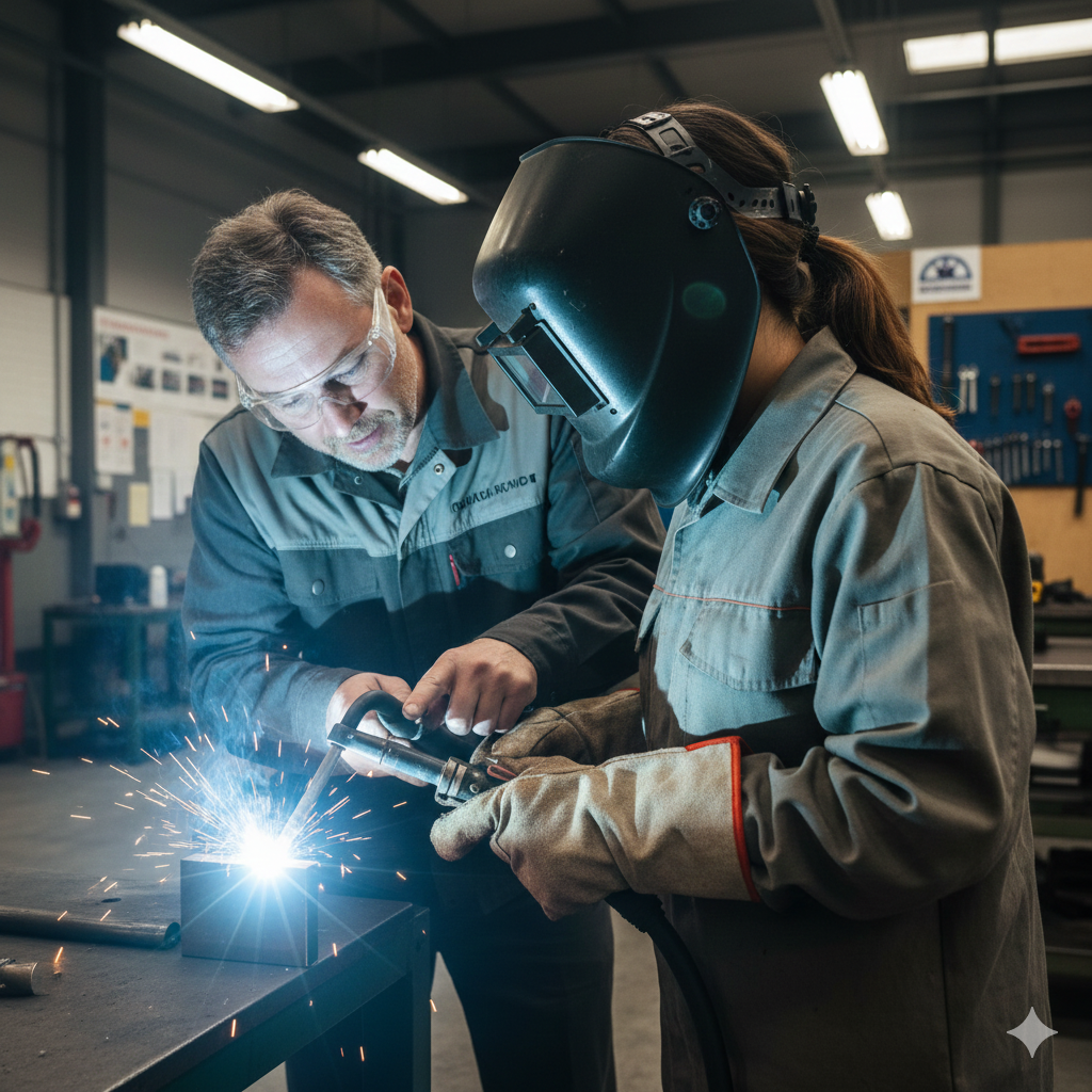 Trabajador extranjero recibiendo formación técnica especializada en el manejo de maquinaria industrial dentro de un taller.