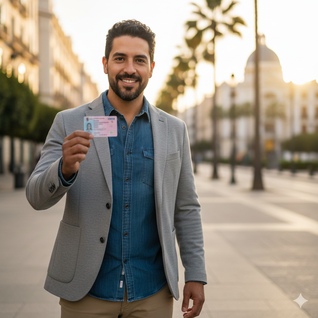 Trabajador extranjero sonriendo mientras sostiene su nueva tarjeta de residencia de dos años en una calle española, tras haber completado cuatro años de migración circular.