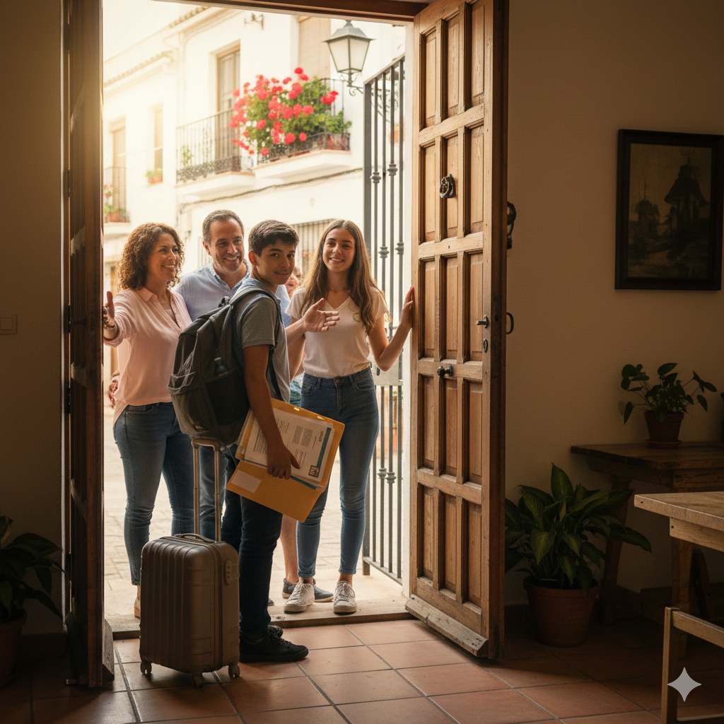Estudiante adolescente extranjero con maleta siendo recibido calurosamente por una familia de acogida española en la puerta de una casa tradicional.