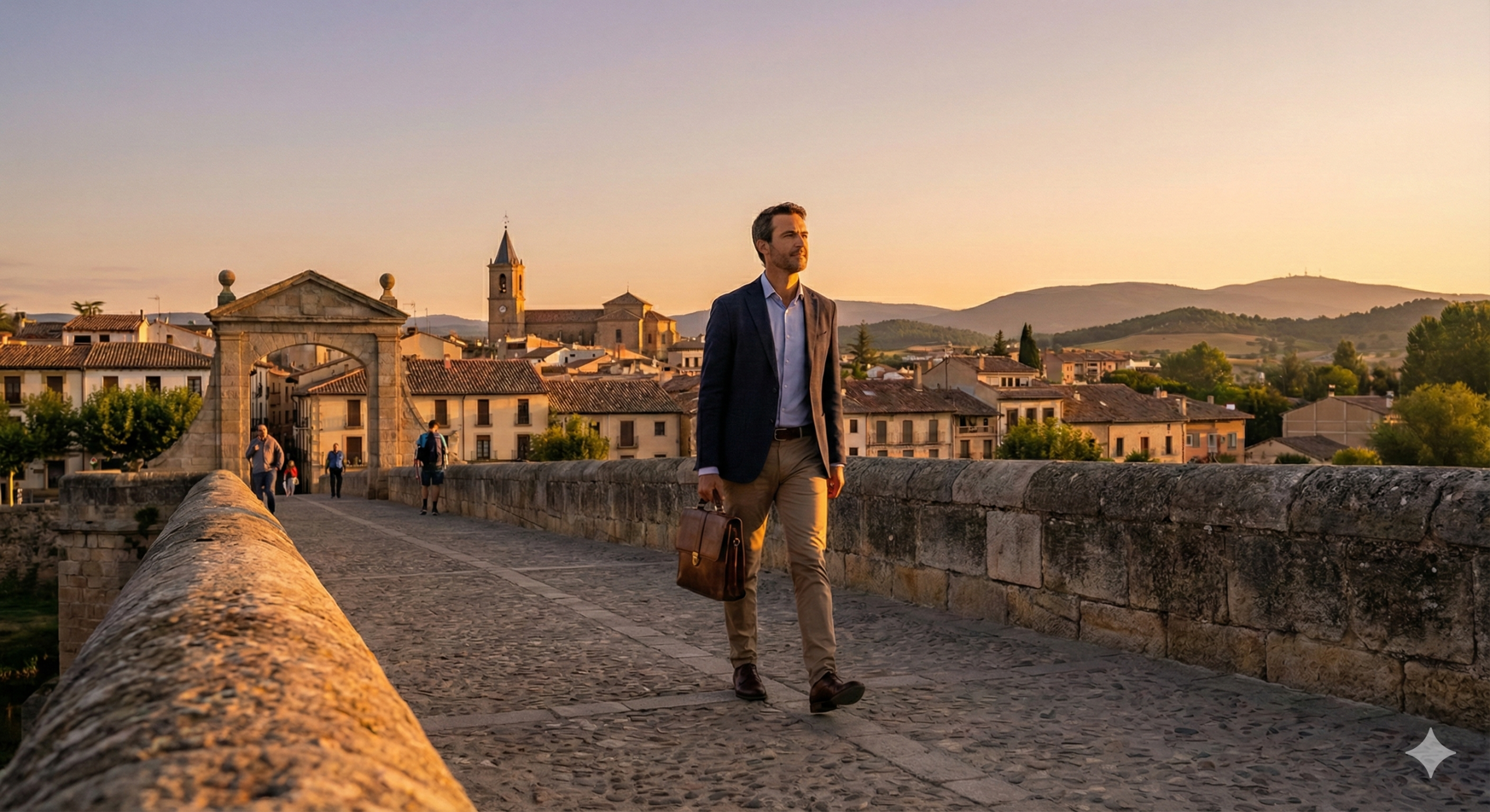 Un emprendedor conduciendo su vehículo cruzando un puente fronterizo al amanecer para dirigirse a su trabajo en España.