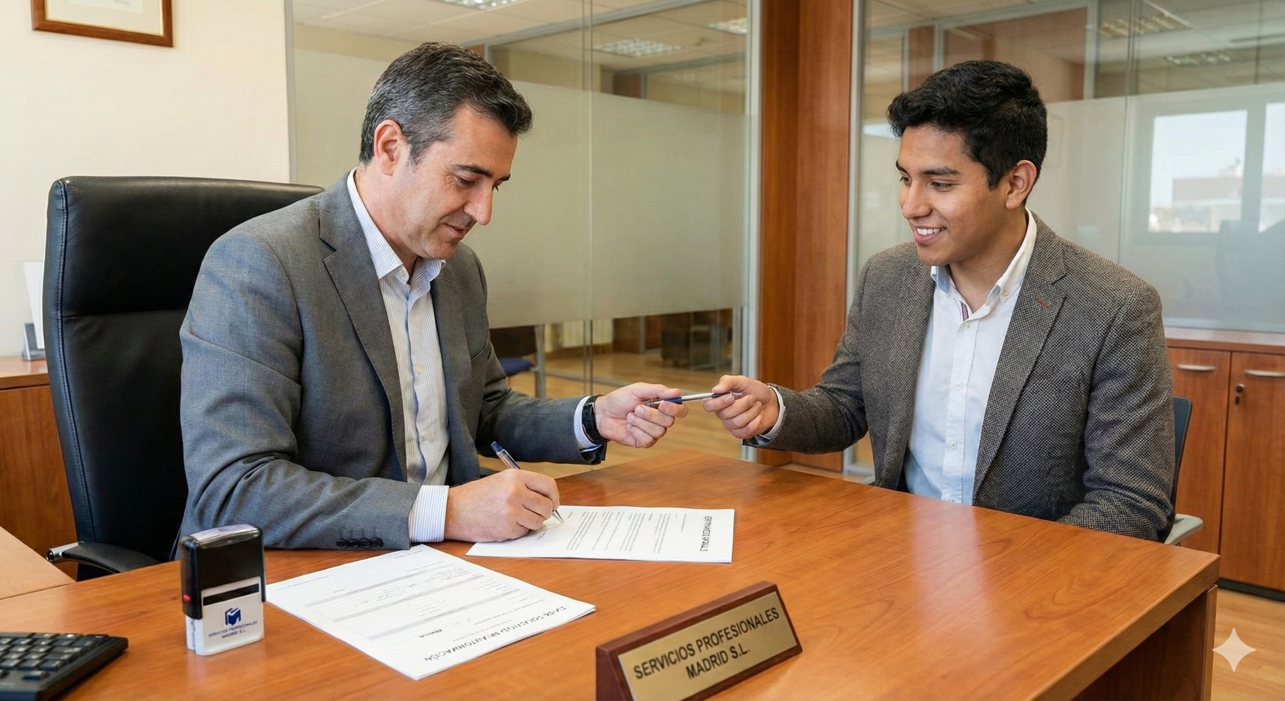 Un empresario firmando un contrato de trabajo para un estudiante extranjero en una oficina, con el formulario de solicitud EX-00 visible sobre la mesa.