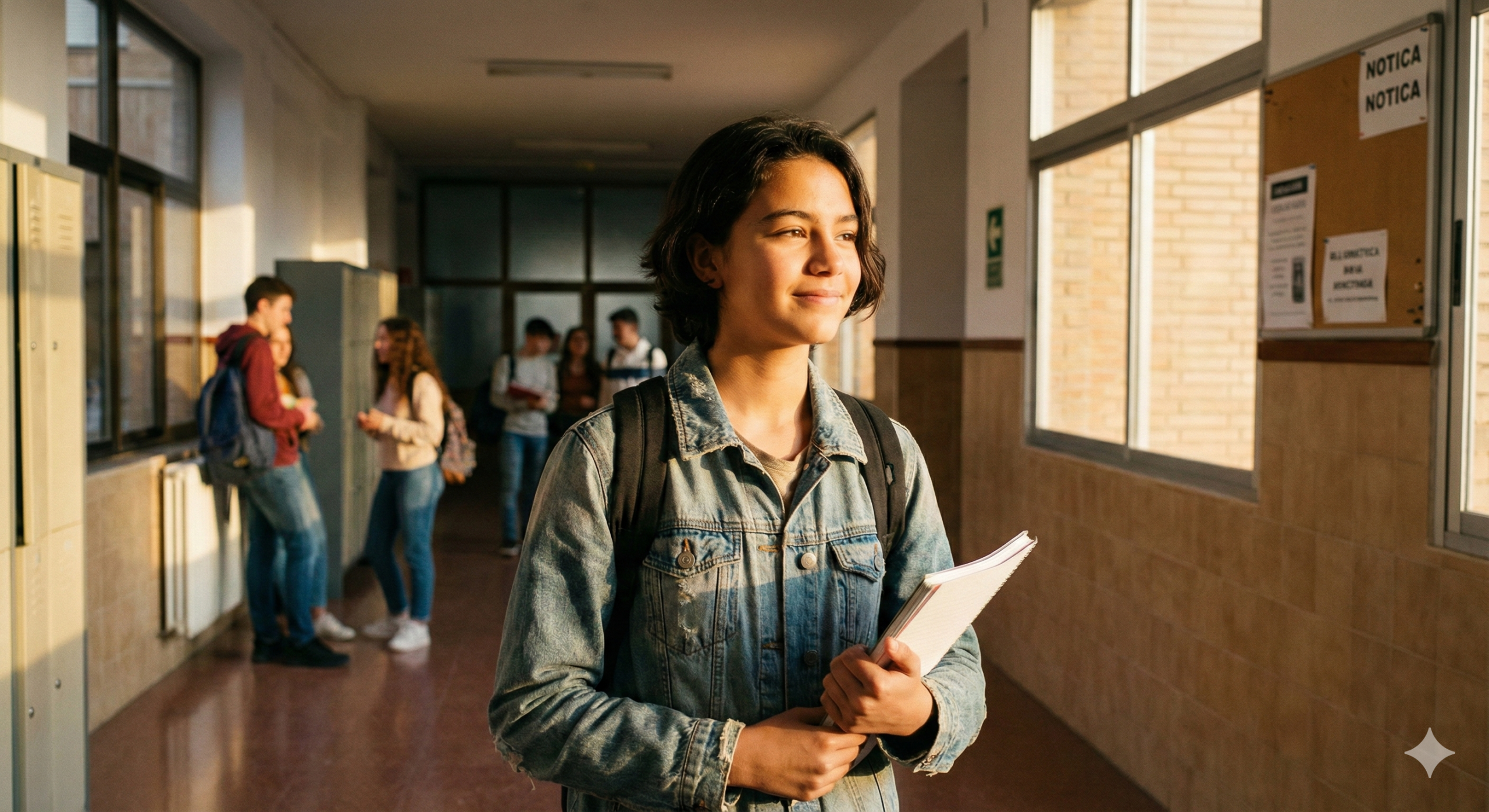 Adolescente extranjero de unos 14 años con mochila en el pasillo de un instituto español, sonriendo levemente en un ambiente escolar seguro y luminoso.
