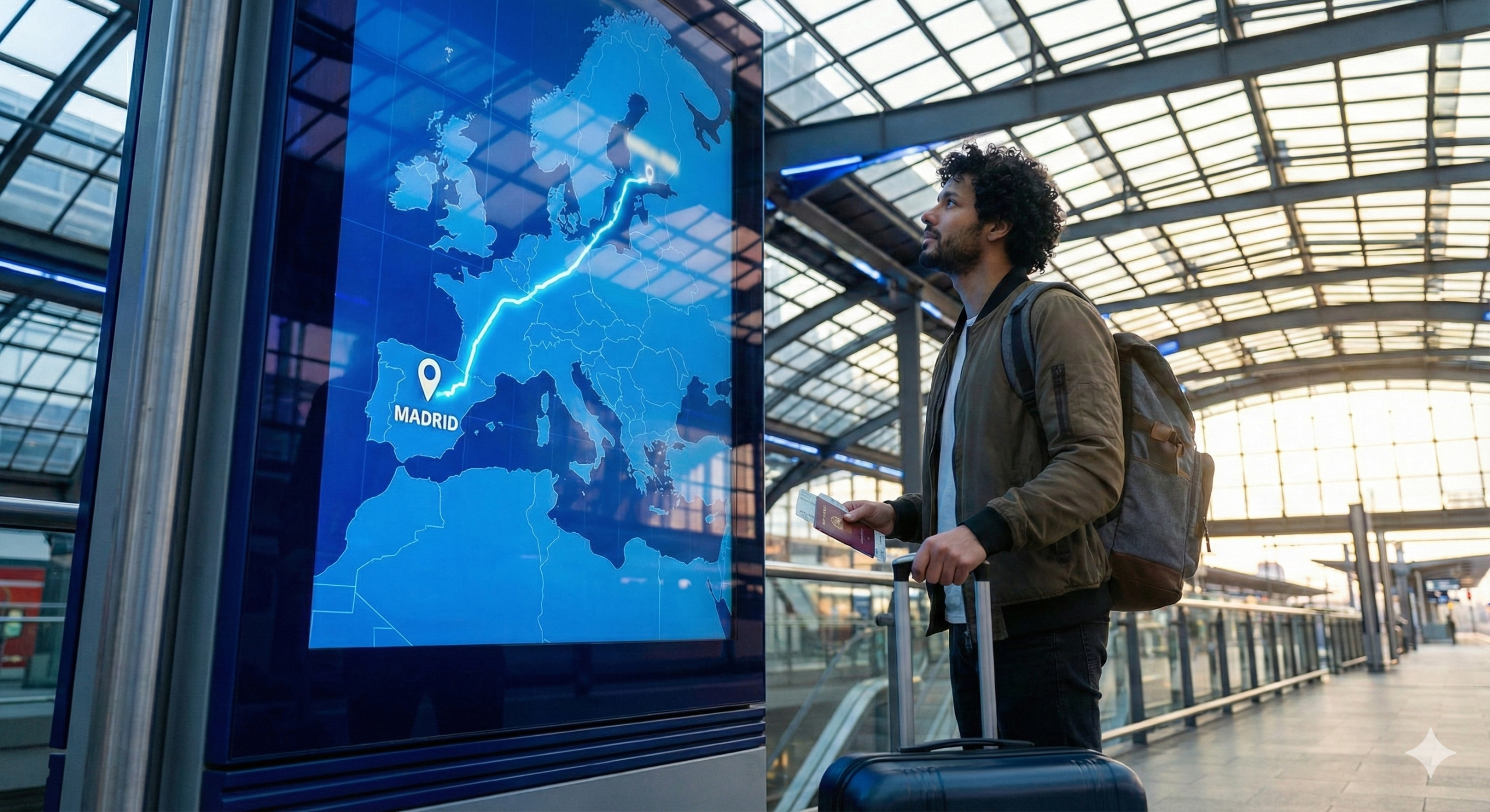 Estudiante universitario en una estación de tren moderna mirando un mapa digital de Europa que conecta una ciudad europea con España, preparando su viaje de estudios.